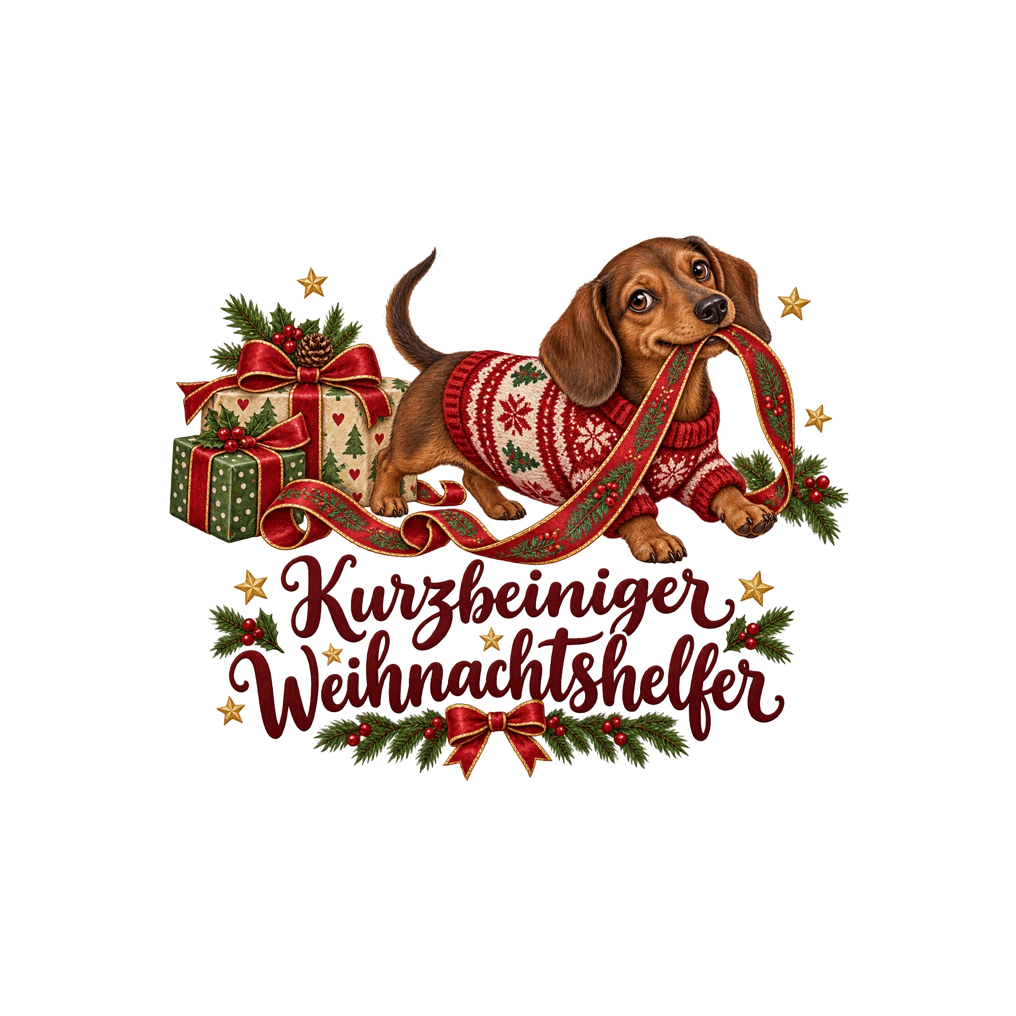 Bügelbild Kurzbeiniger Weihnachtshelfer als Grafik auf weißem Hintergrund (BB011359)