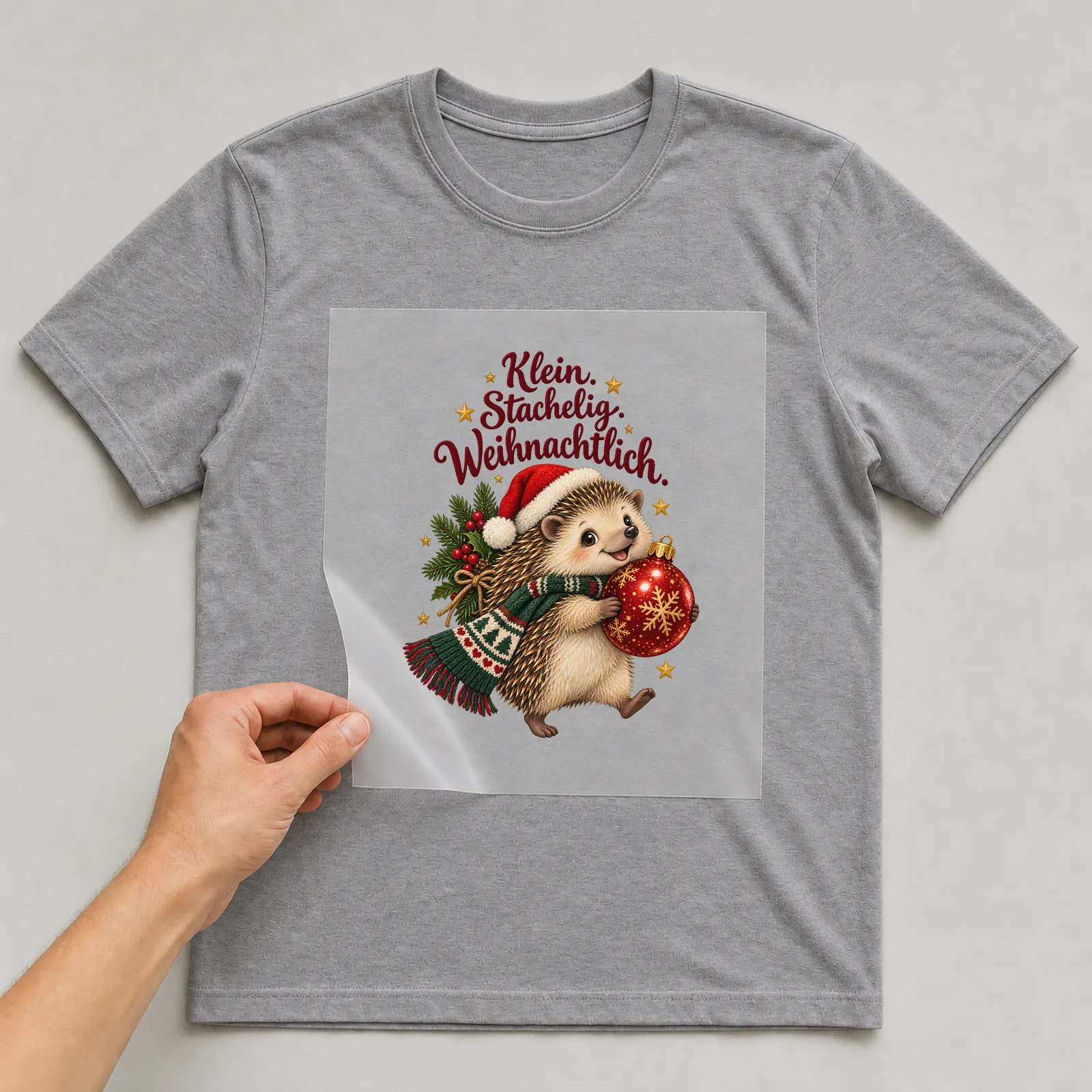 Bügelbild Klein. Stachelig. Weihnachtlich. auf grauem T-Shirt, Folie wird aufgelegt
