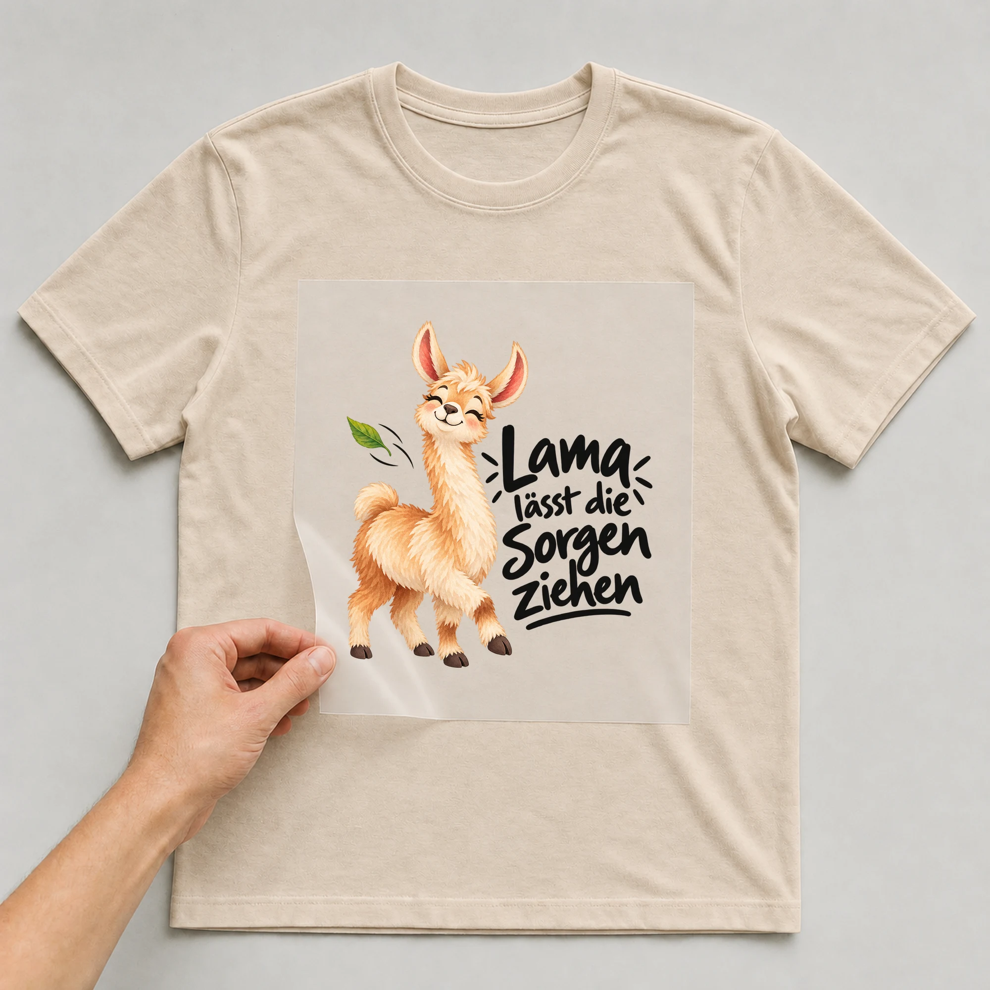 Bügelbild „Lama lässt die Sorgen ziehen“ auf beigem T-Shirt, Folie wird aufgelegt
