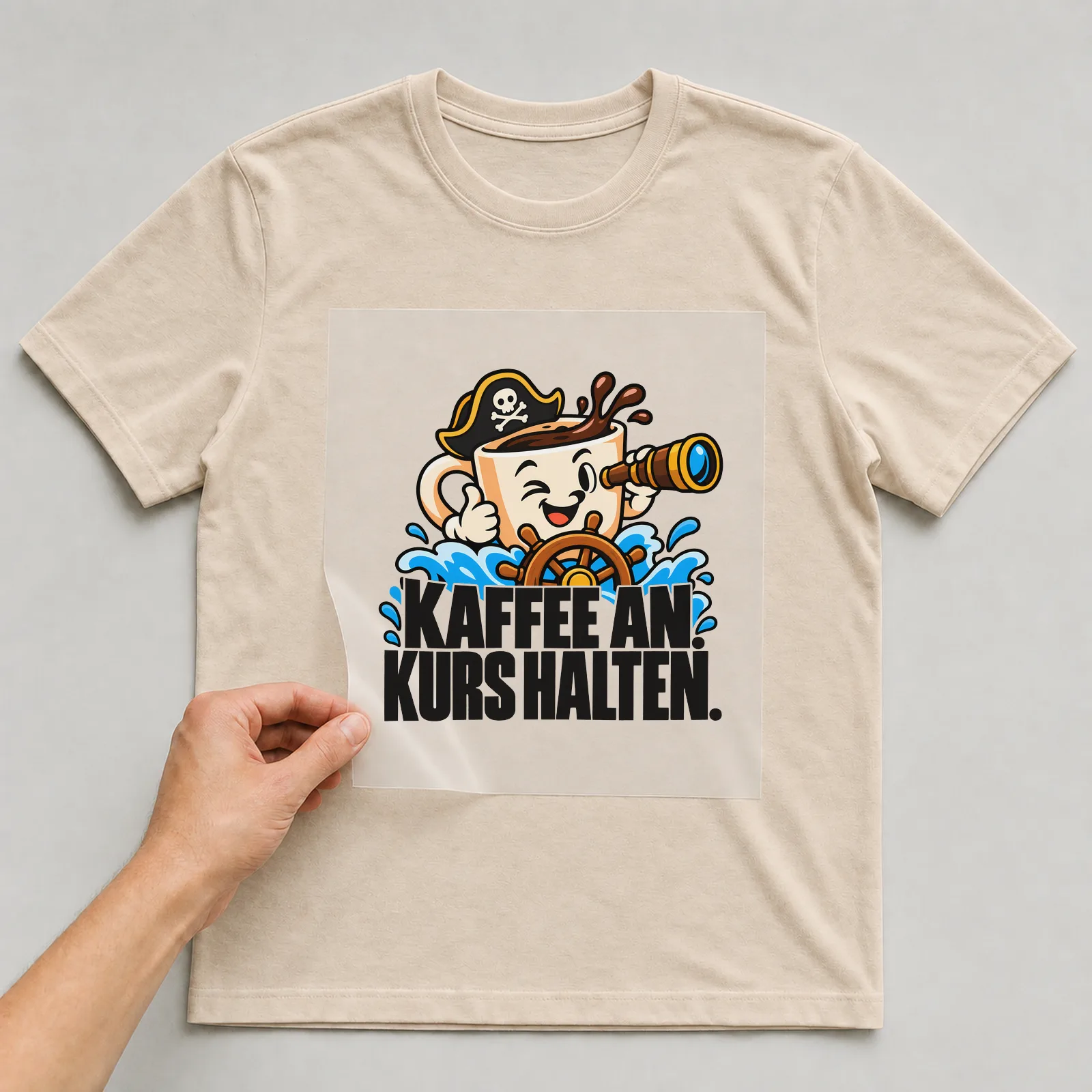Bügelbild „Kaffee an. Kurs halten.“ auf beigem T-Shirt, Folie wird aufgelegt