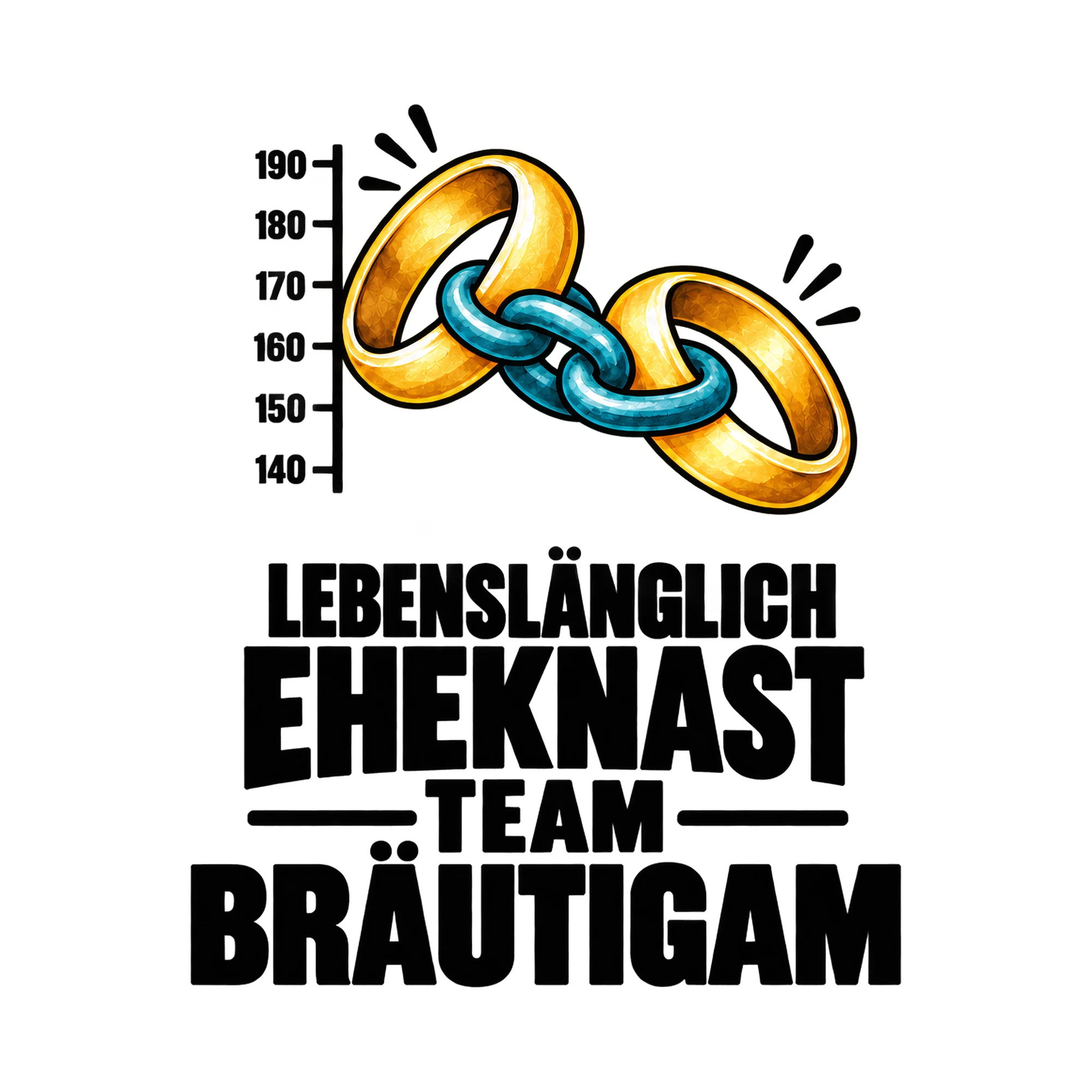 Bügelbild 190 180 170 160 150 140 Lebenslänglich Eheknast Team Bräutigam als Grafik auf weißem Hintergrund (BB017309)