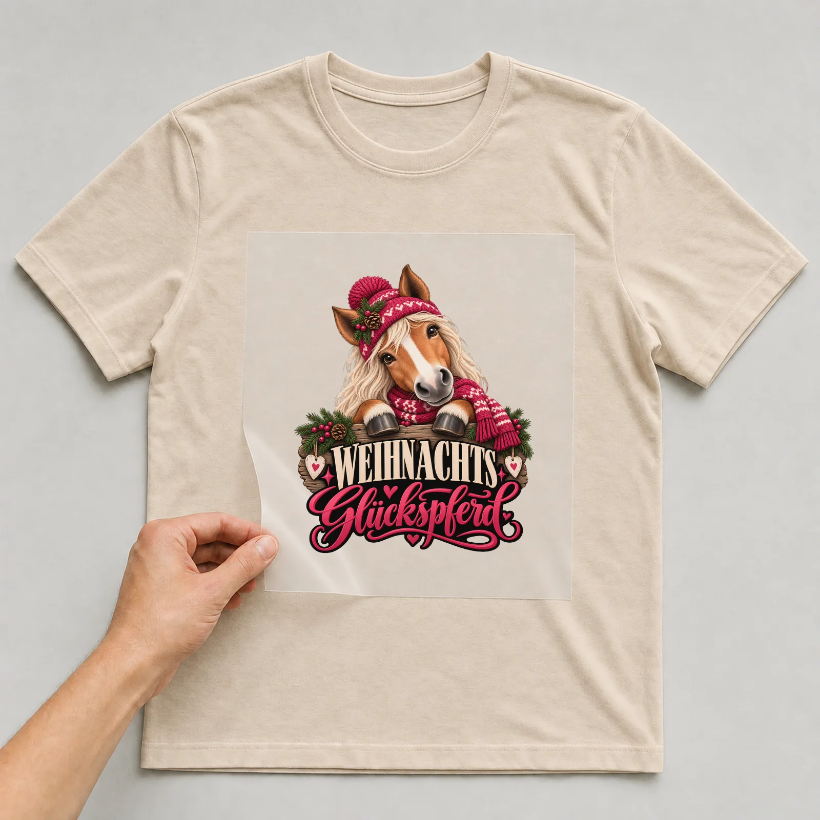 Bügelbild „Weihnachts Glückspferd“ auf beigem T-Shirt, Folie wird aufgelegt