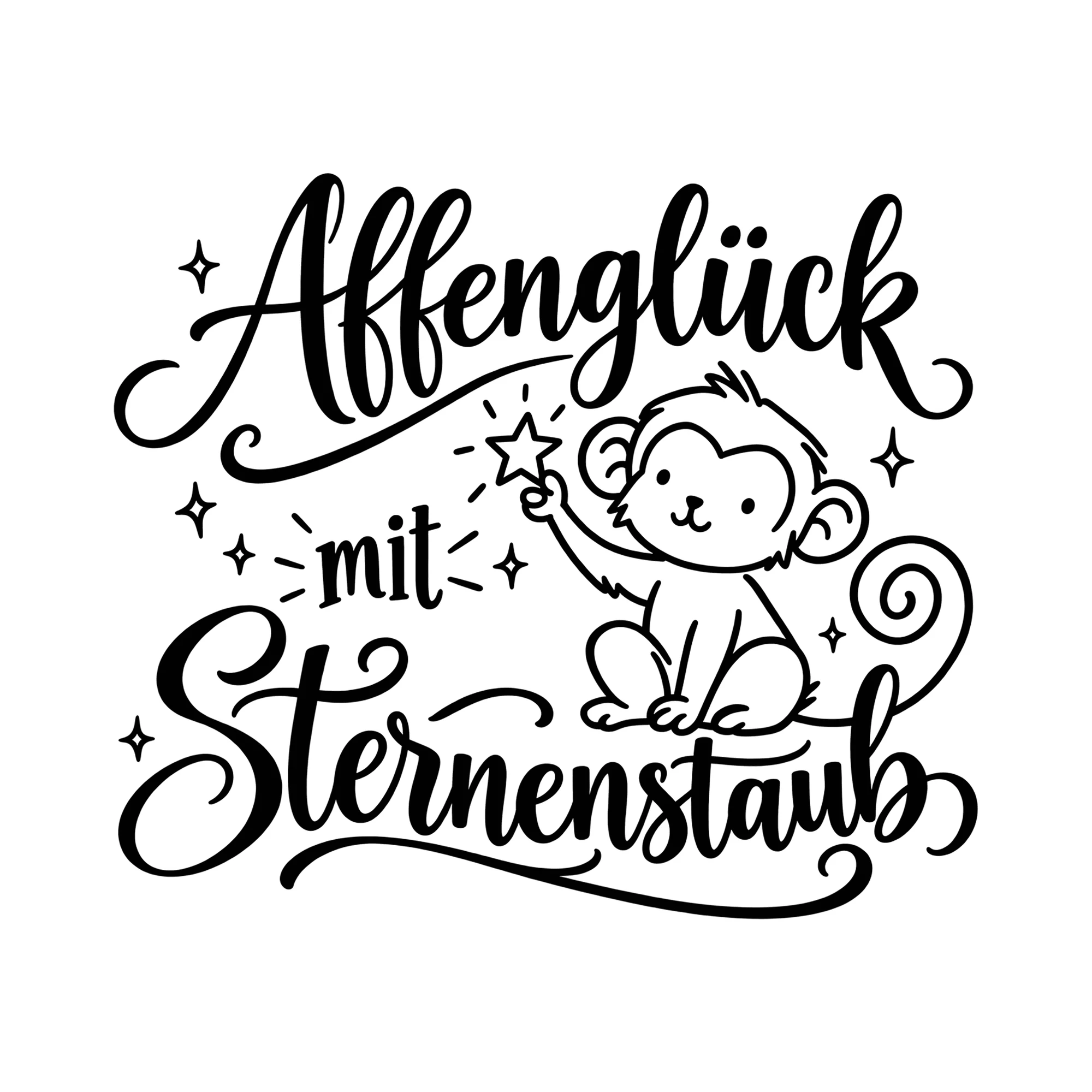 Bügelbild Affenglück mit Sternenstaub als Grafik auf weißem Hintergrund (BB014499)
