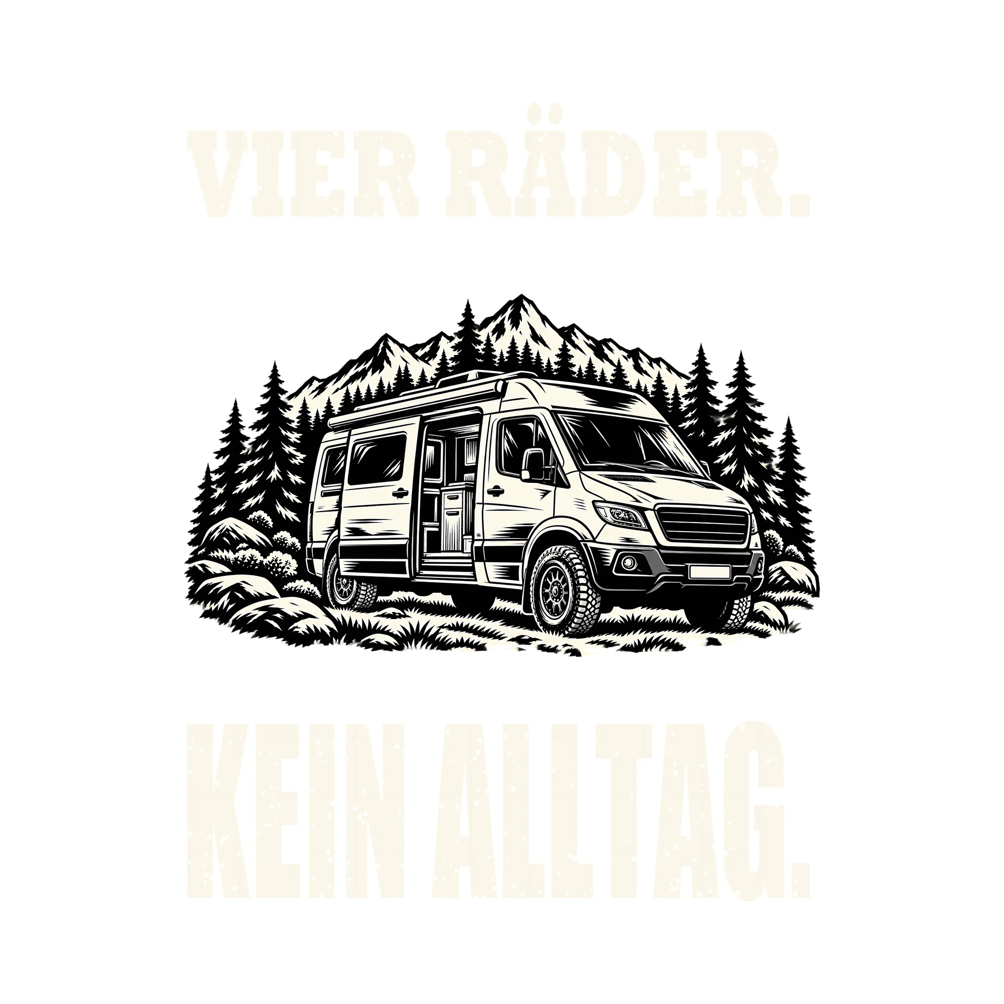 Bügelbild VIER RÄDER. KEIN ALLTAG. als Grafik auf weißem Hintergrund (BB012677)
