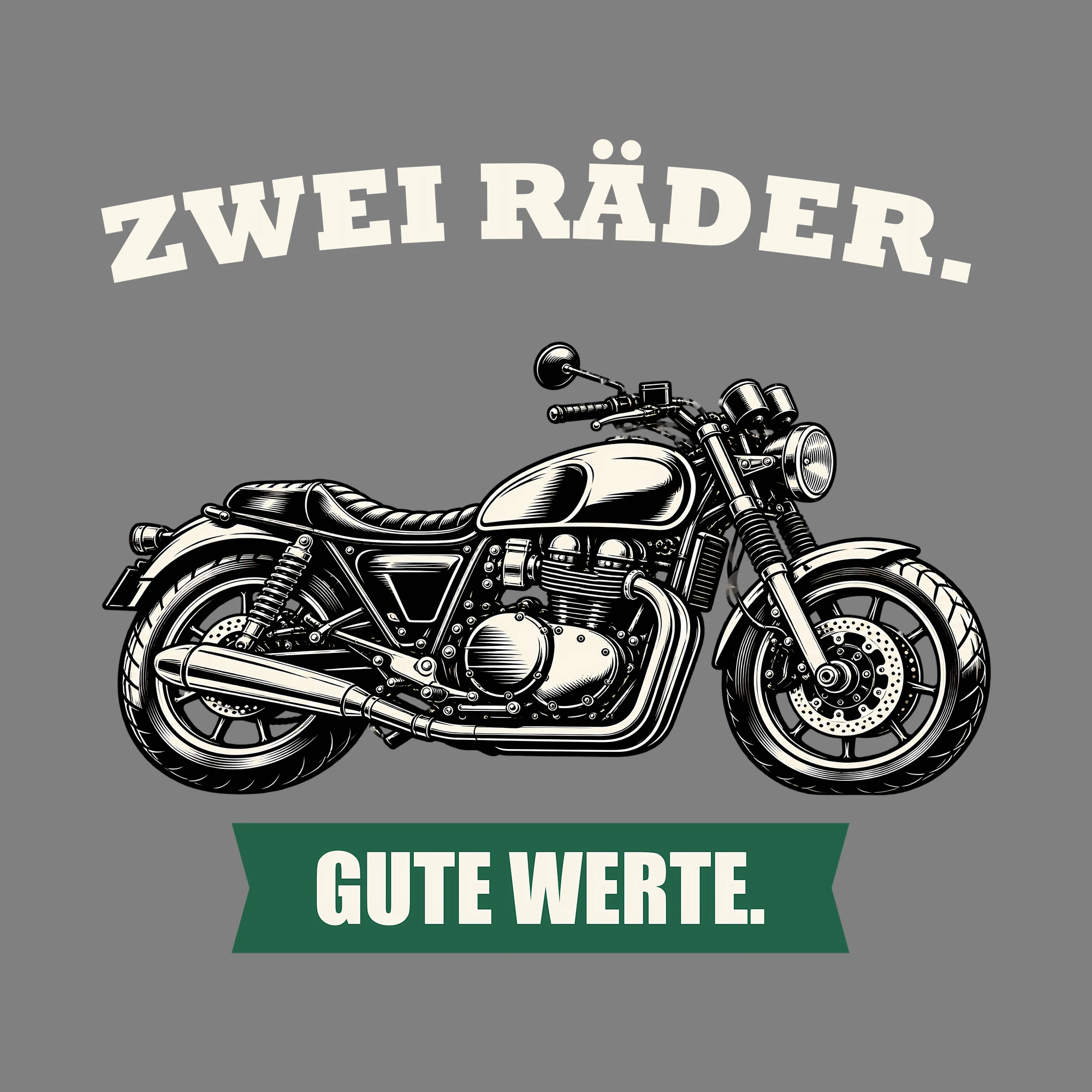 Bügelbild ZWEI RÄDER. GUTE WERTE. als Grafik auf dunklem Hintergrund (BB012699)