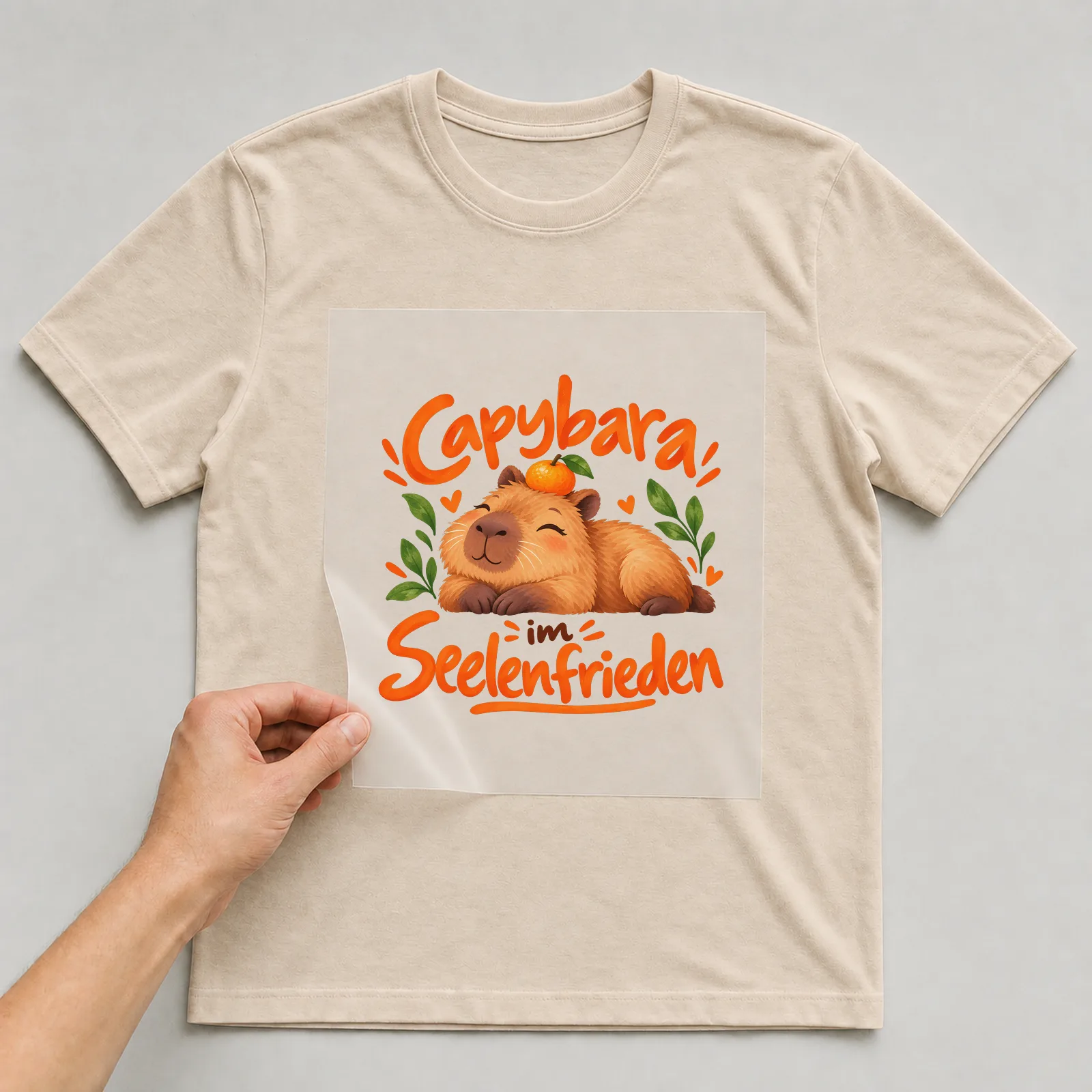 Bügelbild „Capybara im Seelenfrieden“ auf beigem T-Shirt, Folie wird aufgelegt