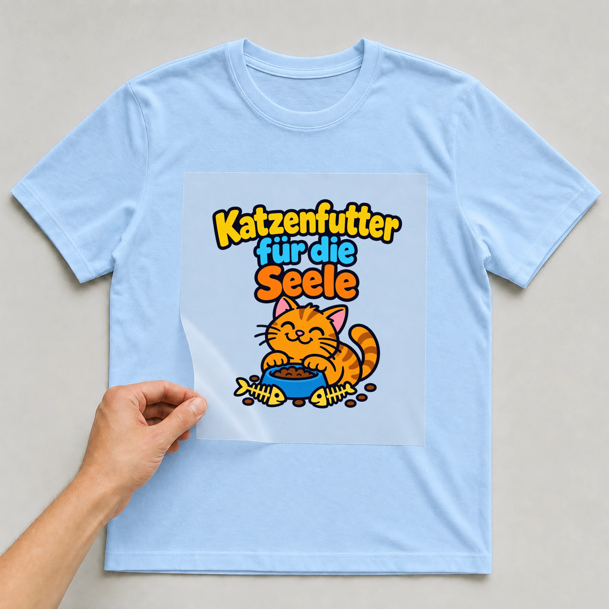 Bügelbild „Katzenfutter für die Seele“ auf babyblauem T-Shirt, Folie wird aufgelegt
