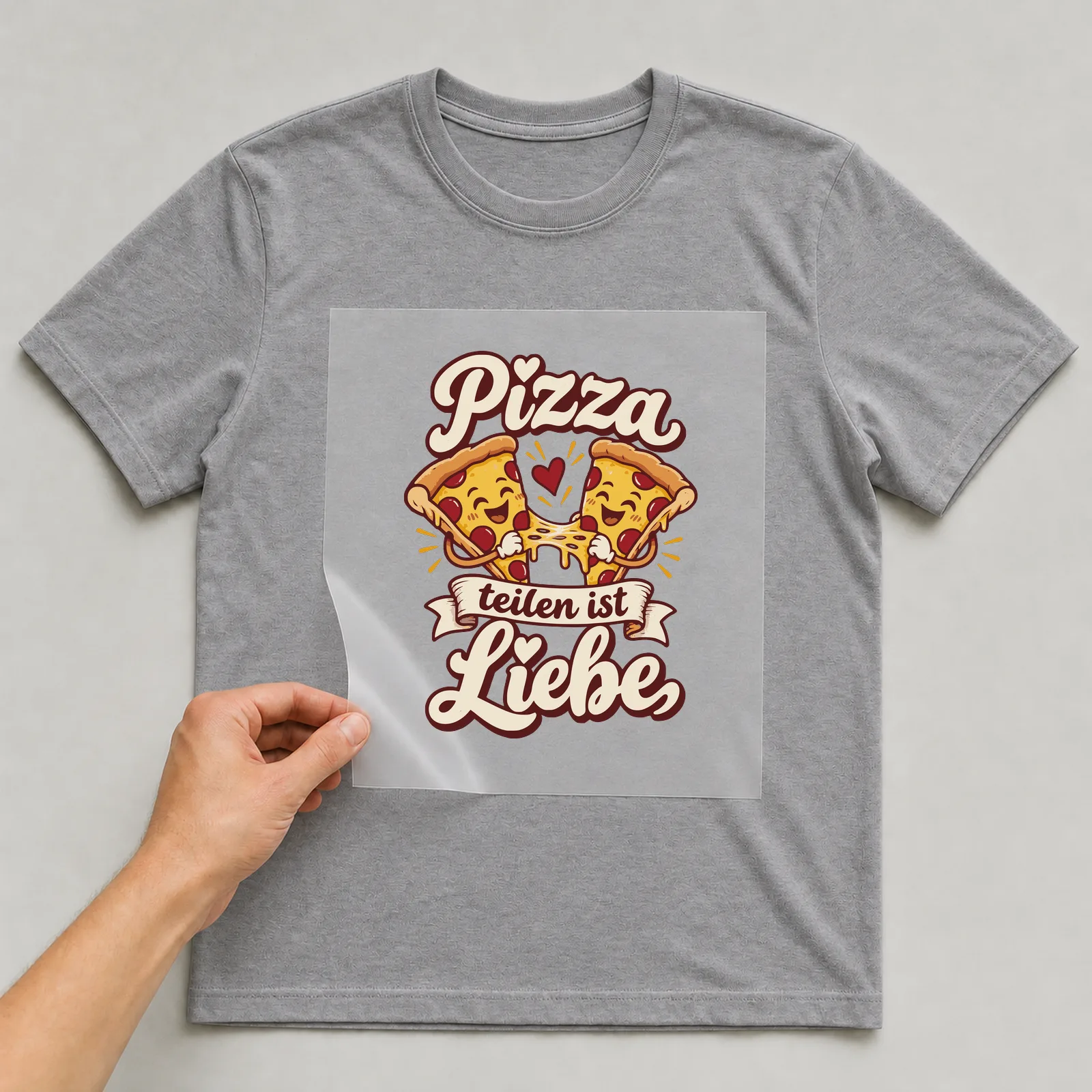 Bügelbild Pizza teilen ist Liebe auf grauem T-Shirt, Folie wird aufgelegt