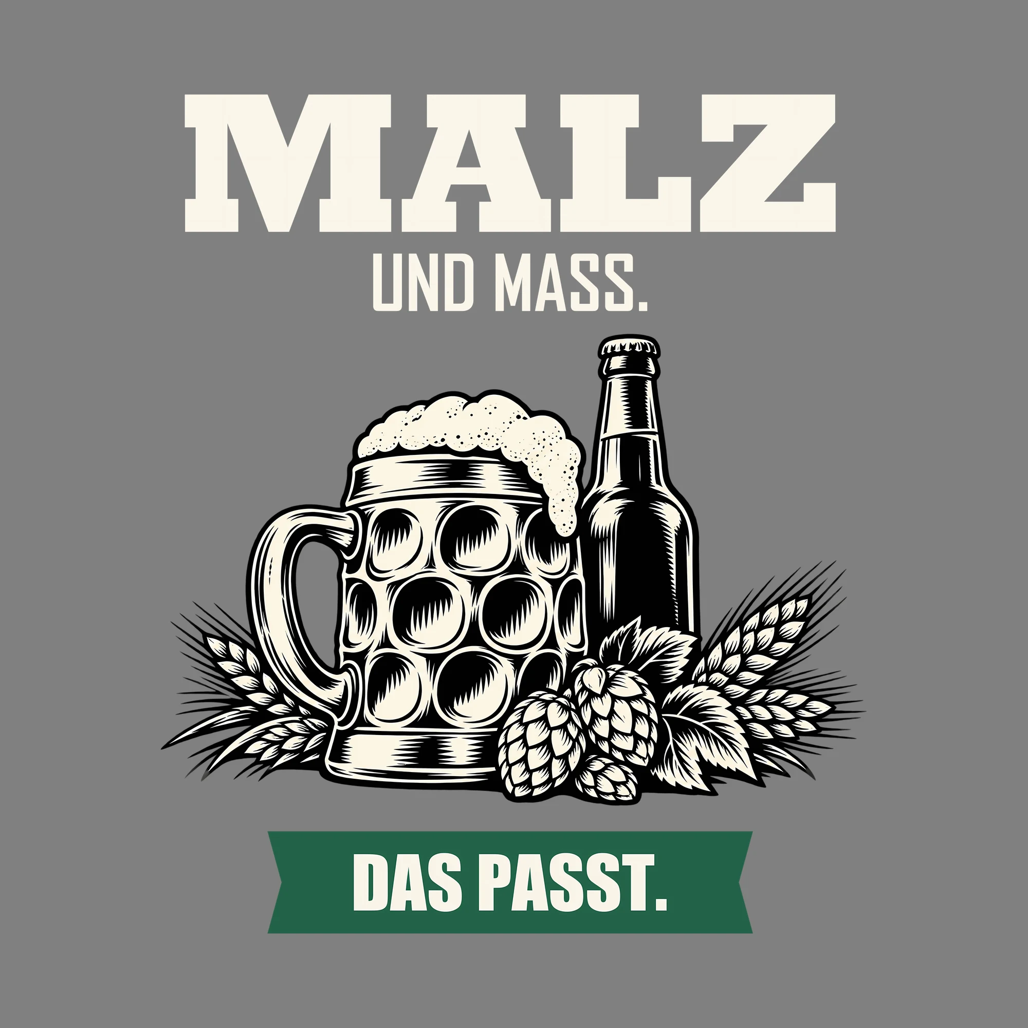 Bügelbild MALZ UND MASS. DAS PASST. als Grafik auf dunklem Hintergrund (BB011841)