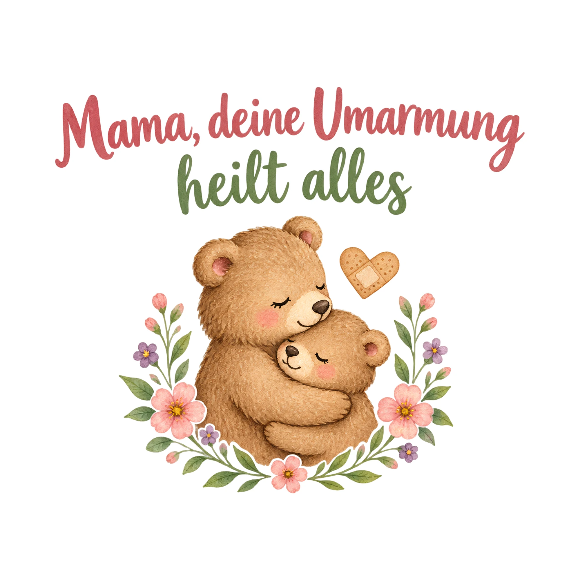 Bügelbild Mama, deine Umarmung heilt alles als Grafik auf weißem Hintergrund (BB019197)