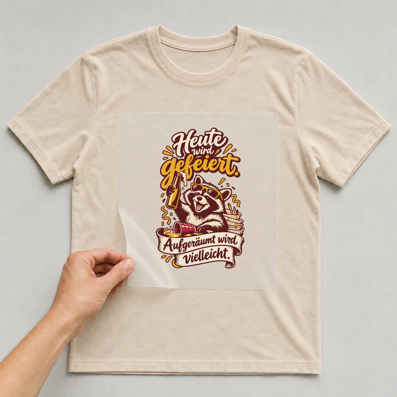 Bügelbild Heute wird gefeiert. Aufgeräumt wird vielleicht. auf beigem T-Shirt, Folie wird aufgelegt
