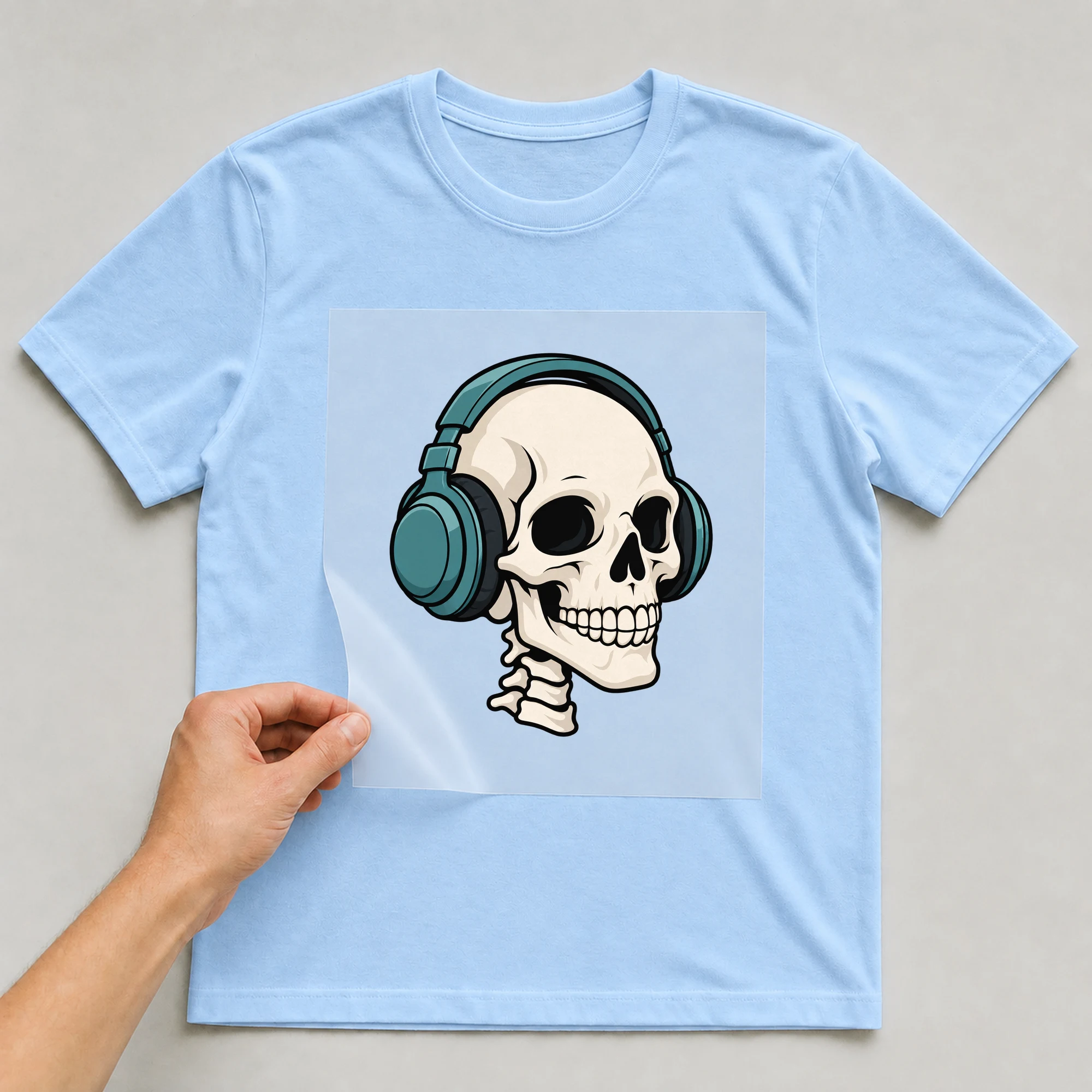 Bügelbild „Skelett Musik“ auf babyblauem T-Shirt, Folie wird aufgelegt