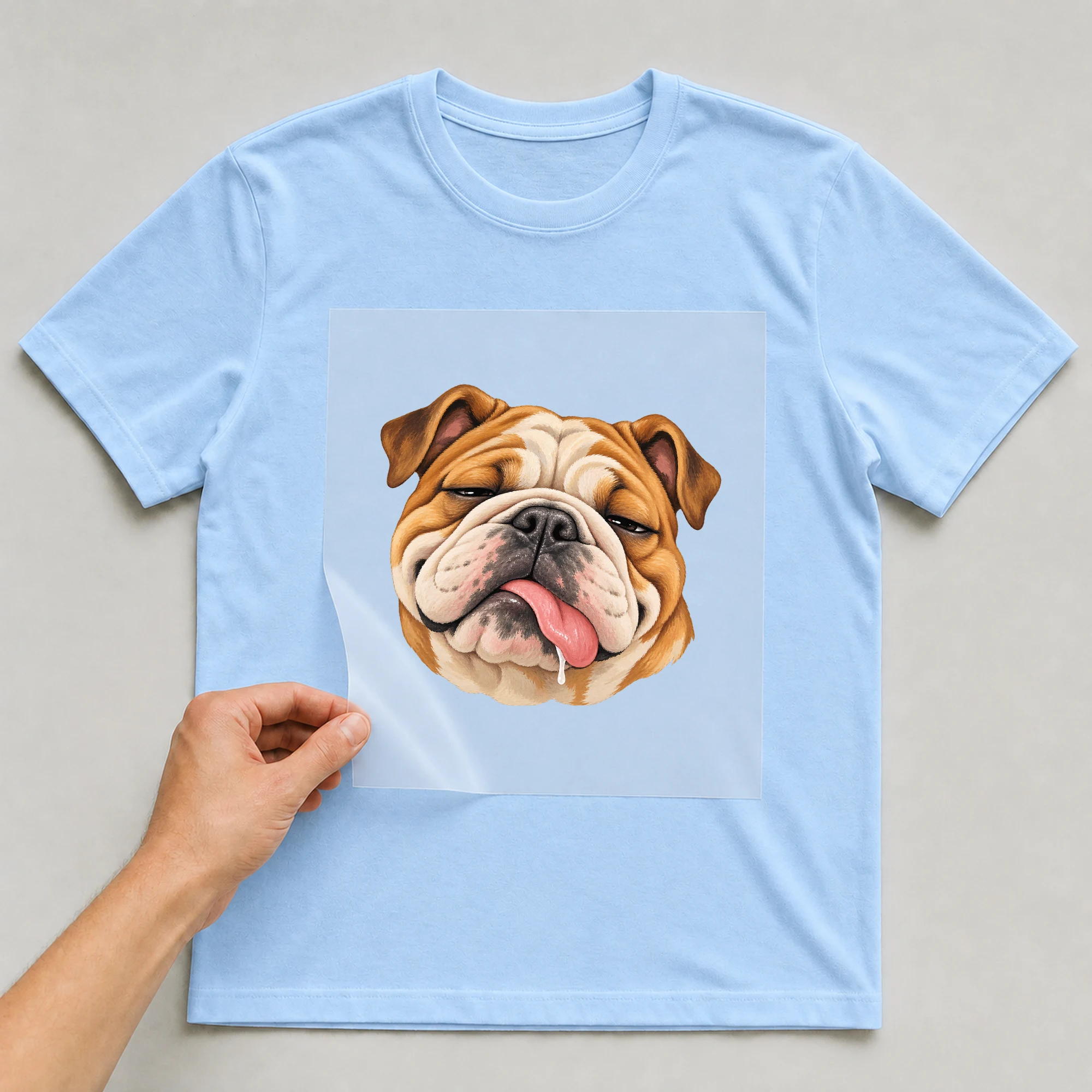 Bügelbild „Dog“ auf babyblauem T-Shirt, Folie wird aufgelegt