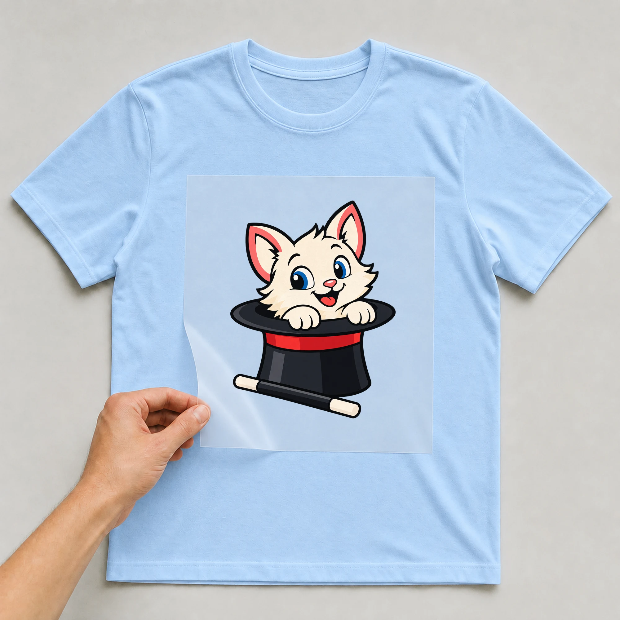 Bügelbild „Magic Cat“ auf babyblauem T-Shirt, Folie wird aufgelegt