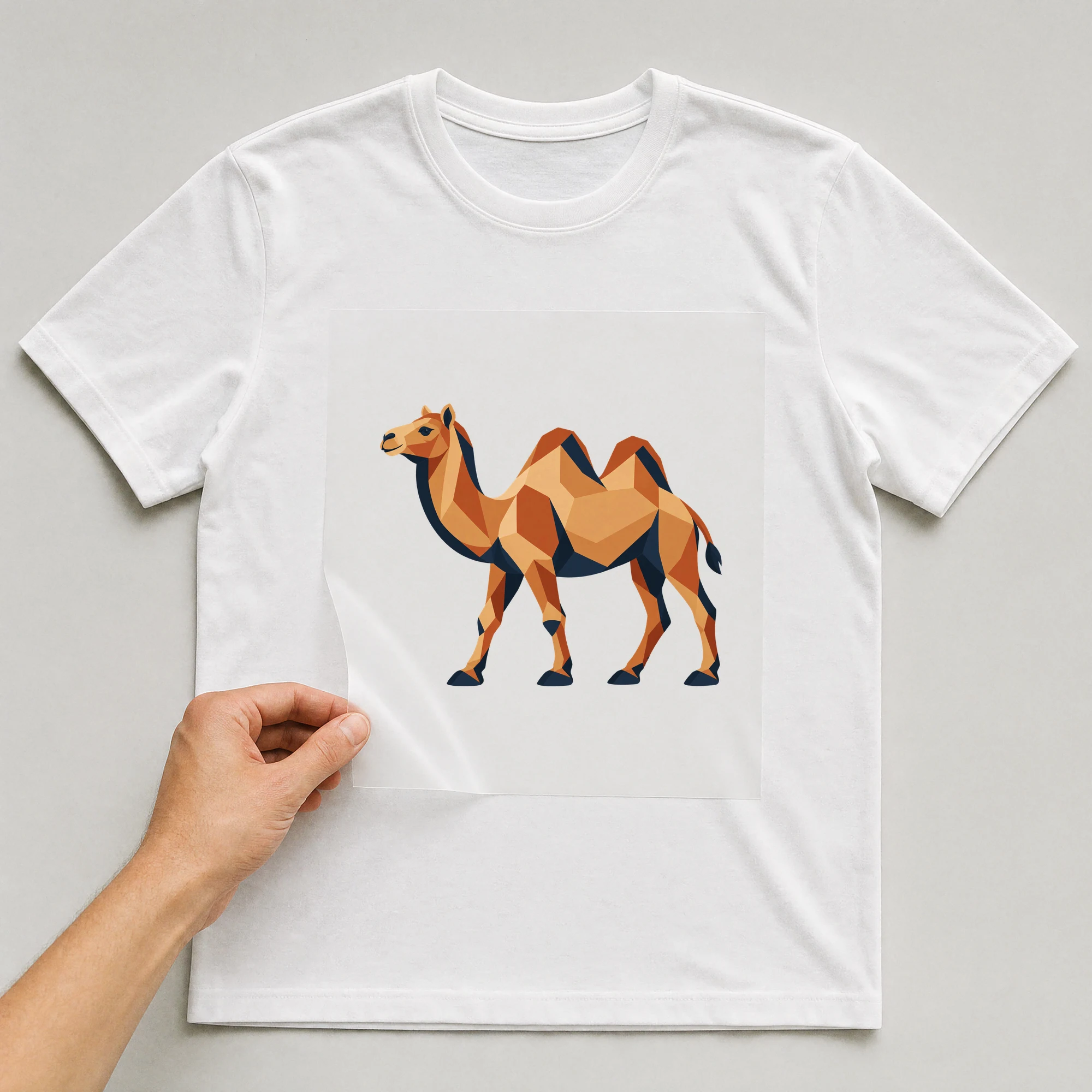 Bügelbild „Polygon Kamel“ auf weißem T-Shirt, Folie wird aufgelegt