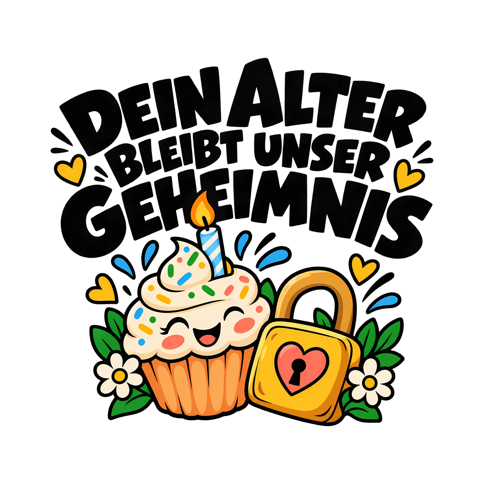 Bügelbild DEIN ALTER BLEIBT UNSER GEHEIMNIS als Grafik auf weißem Hintergrund (BB012573)