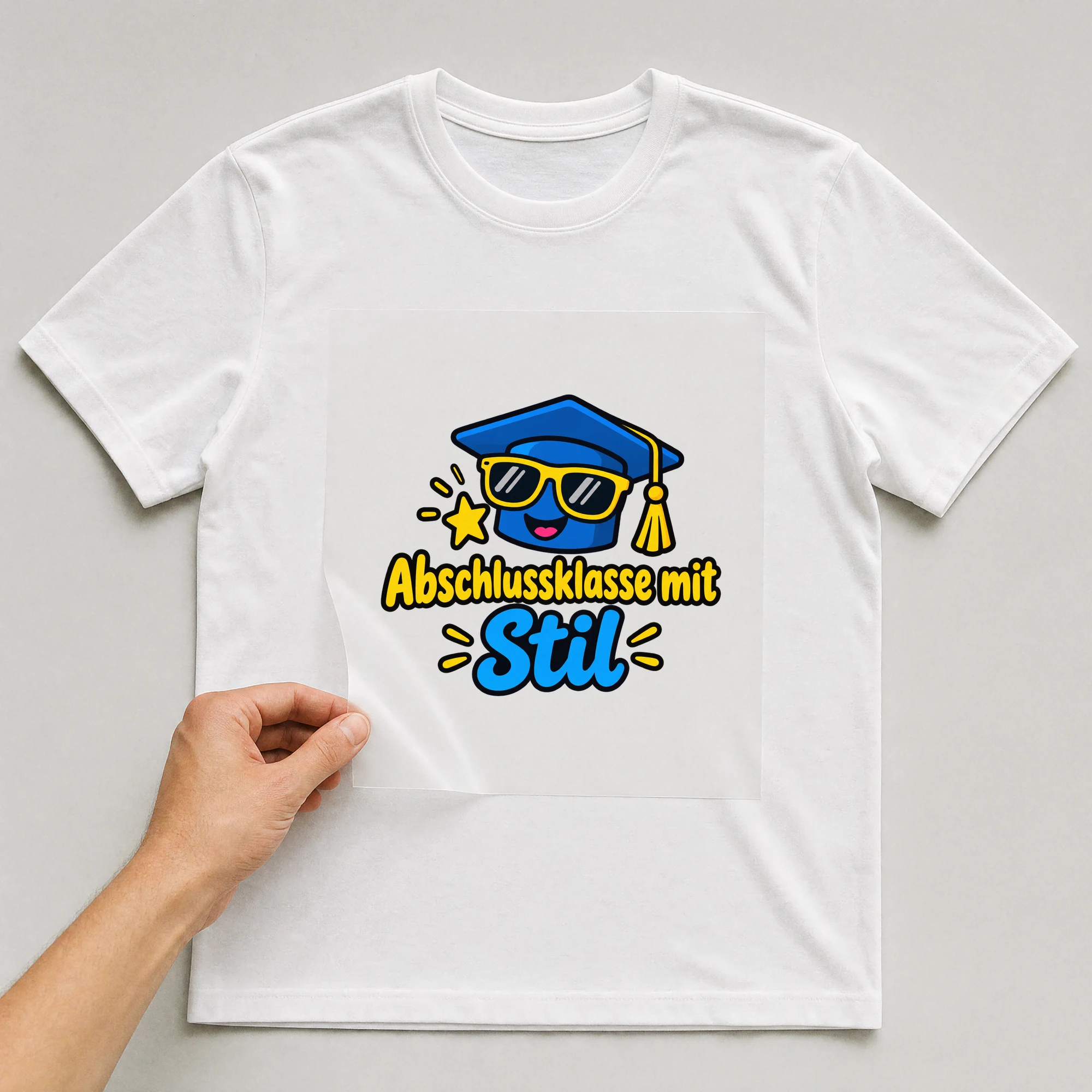 Bügelbild „Abschlussklasse mit Stil“ auf weißem T-Shirt, Folie wird aufgelegt