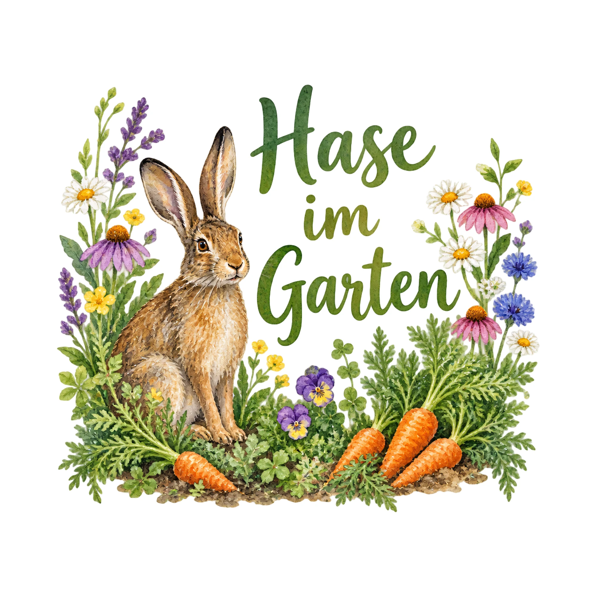 Bügelbild Hase im Garten als Grafik auf weißem Hintergrund (BB018583)