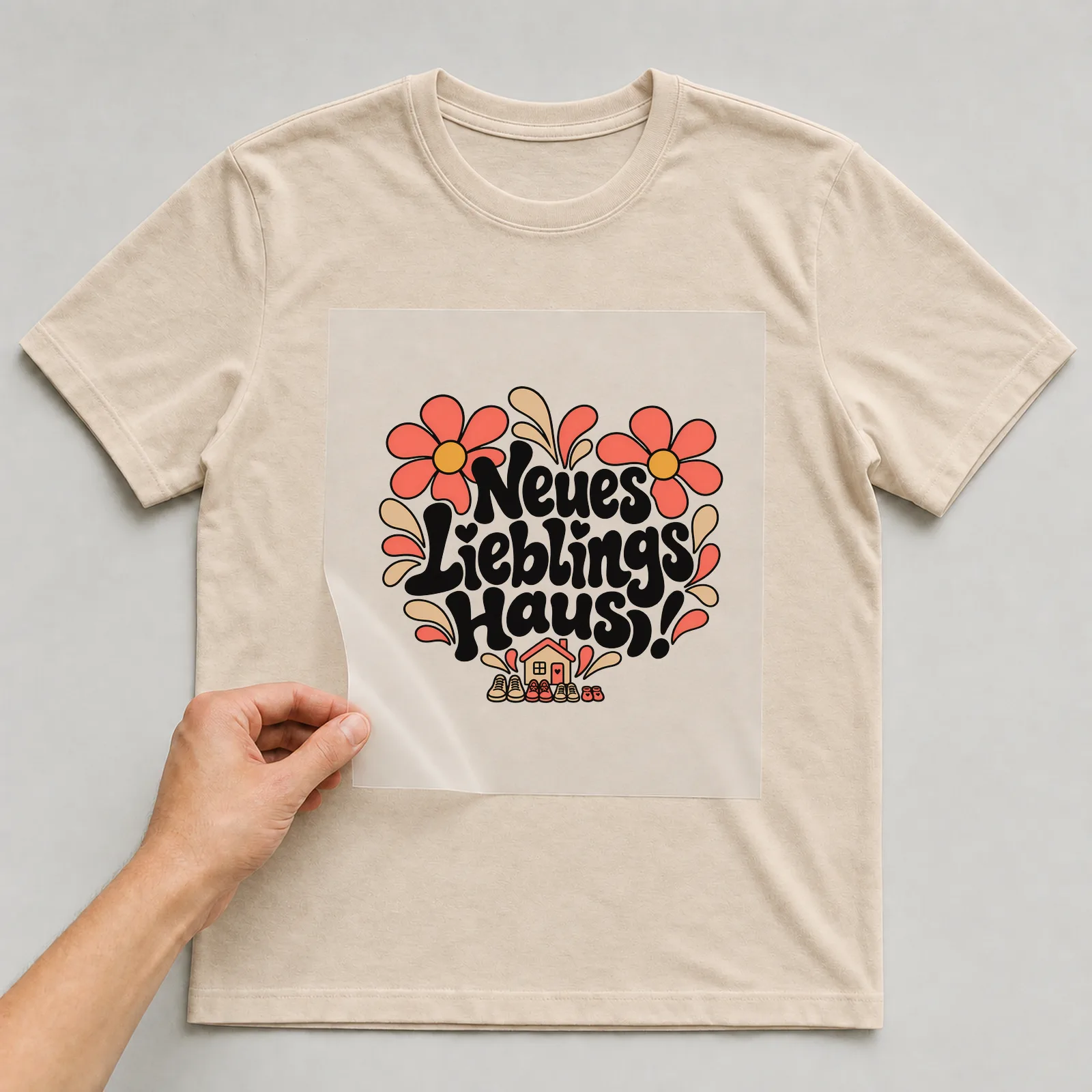 Bügelbild „Neues Lieblingshaus!“ auf beigem T-Shirt, Folie wird aufgelegt