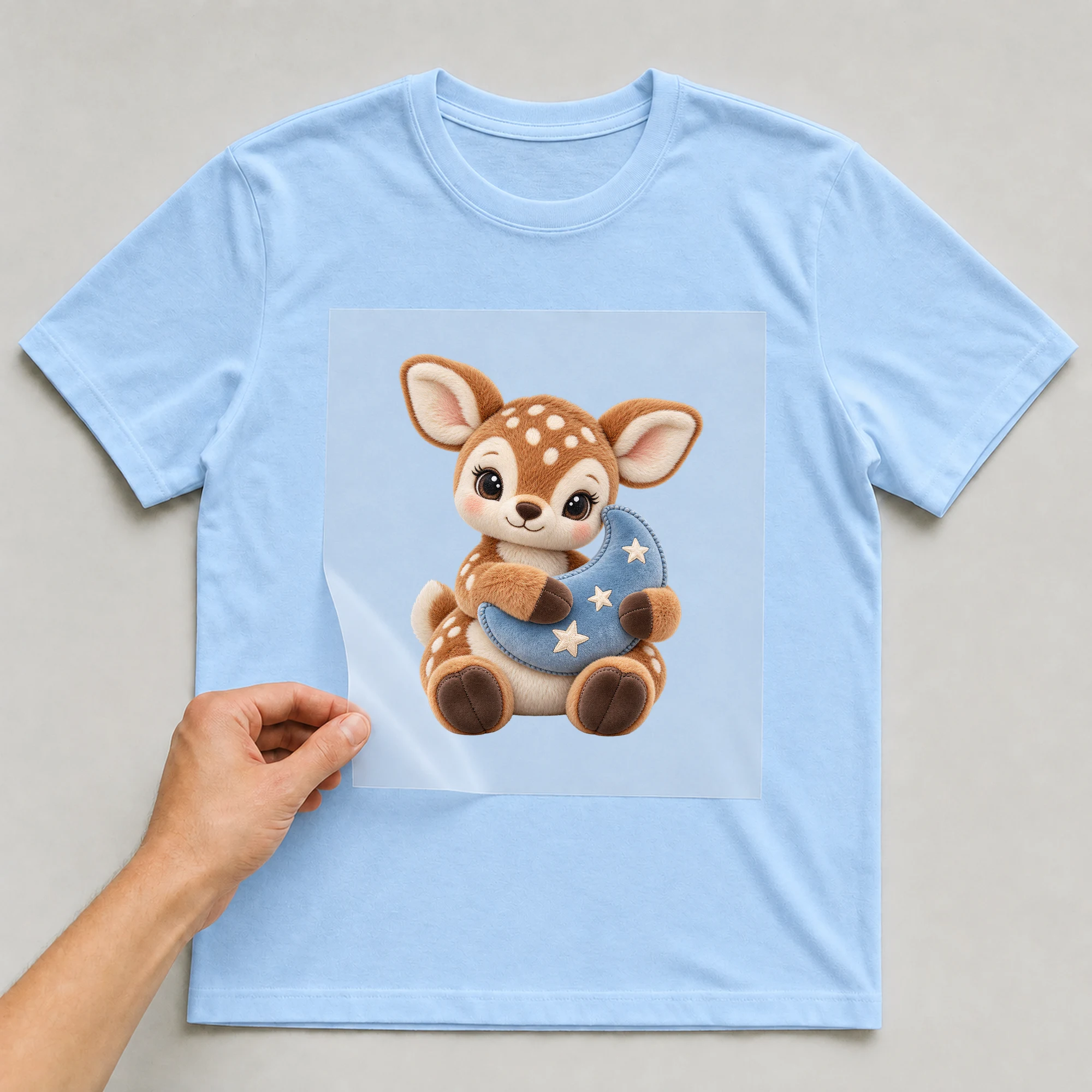 Bügelbild „Plüschreh mit Mond“ auf babyblauem T-Shirt, Folie wird aufgelegt