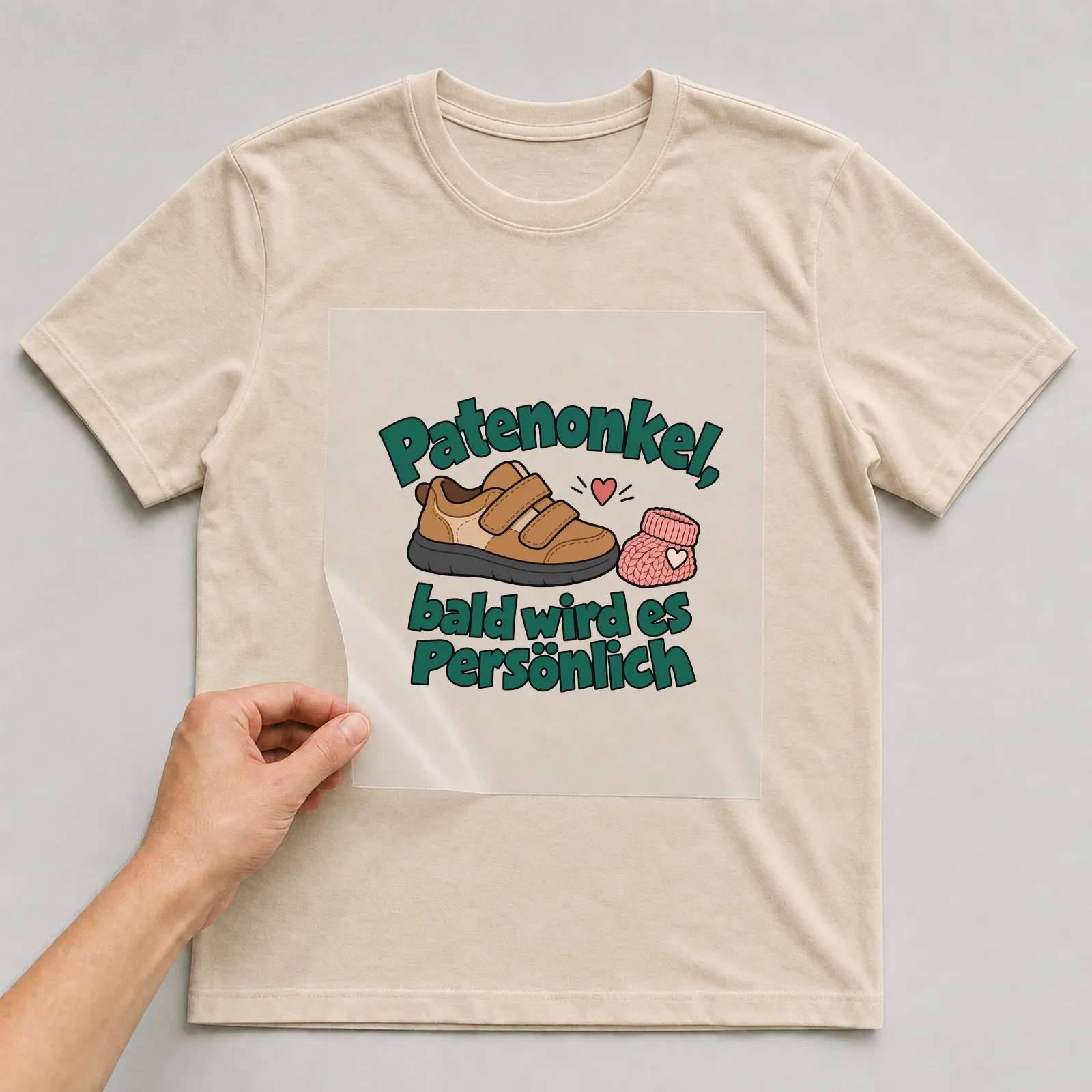 Bügelbild „Patenonkel, bald wird es persönlich“ auf beigem T-Shirt, Folie wird aufgelegt
