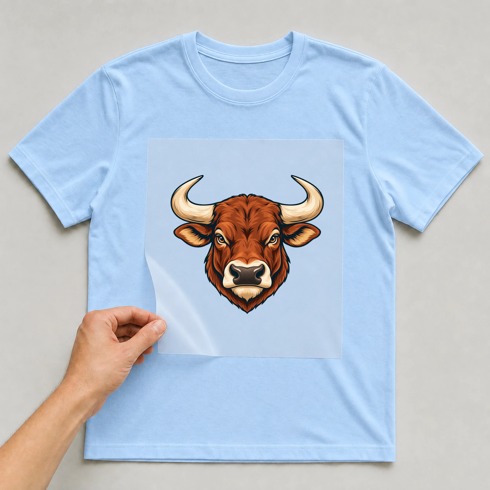 Bügelbild „Legendäres Sternzeichen Stier“ auf babyblauem T-Shirt, Folie wird aufgelegt