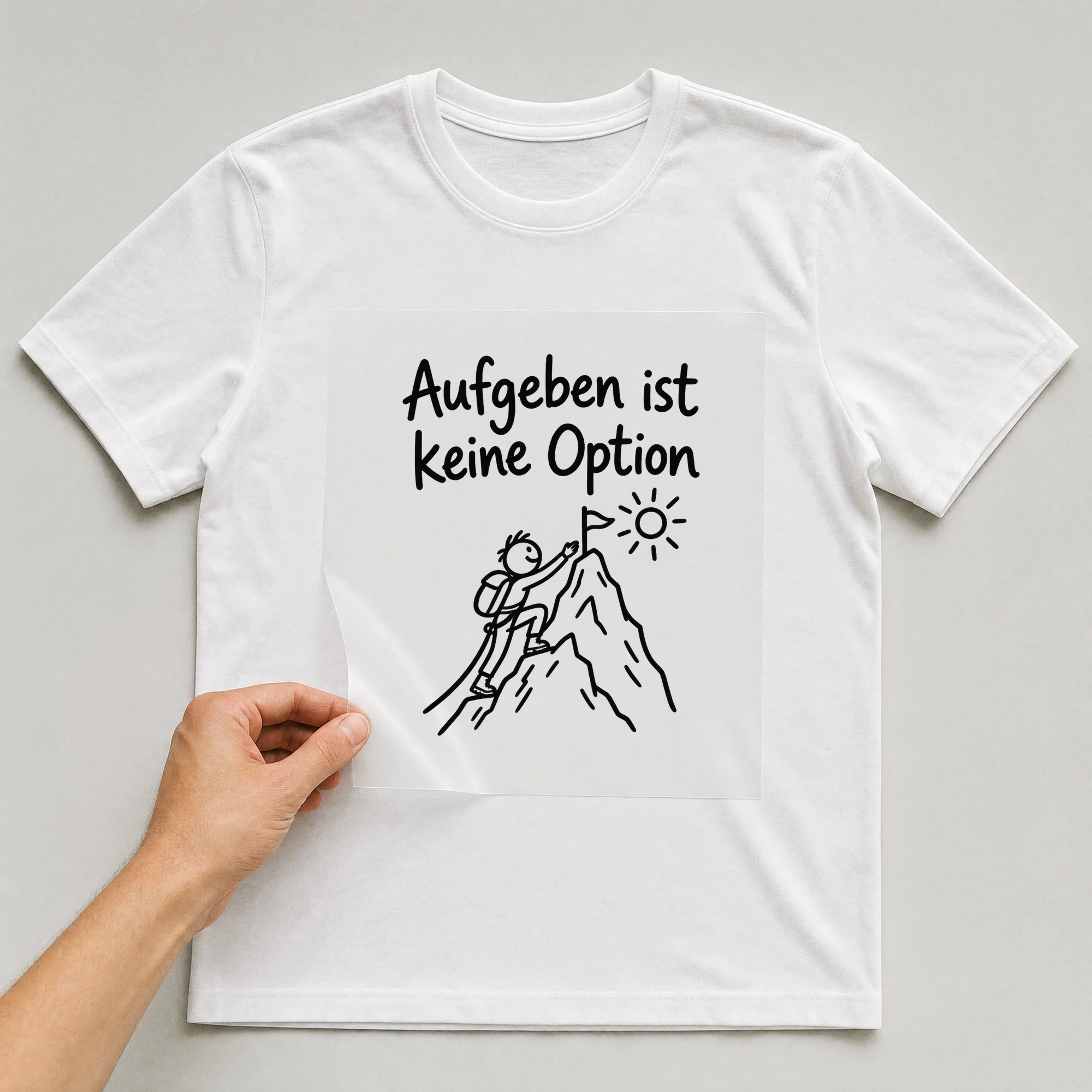 Bügelbild „Aufgeben ist keine Option“ auf weißem T-Shirt, Folie wird aufgelegt