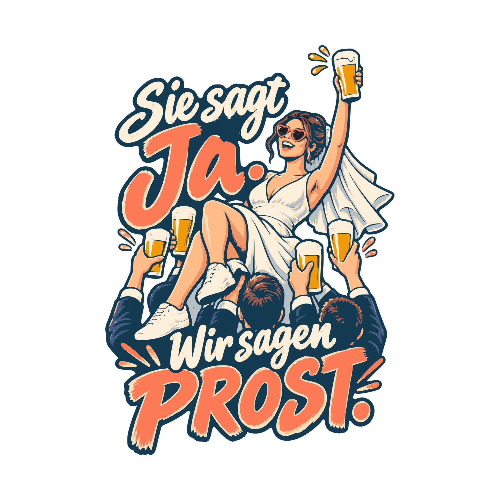 Bügelbild Sie sagt Ja. Wir sagen Prost. als Grafik auf weißem Hintergrund (BB011100)