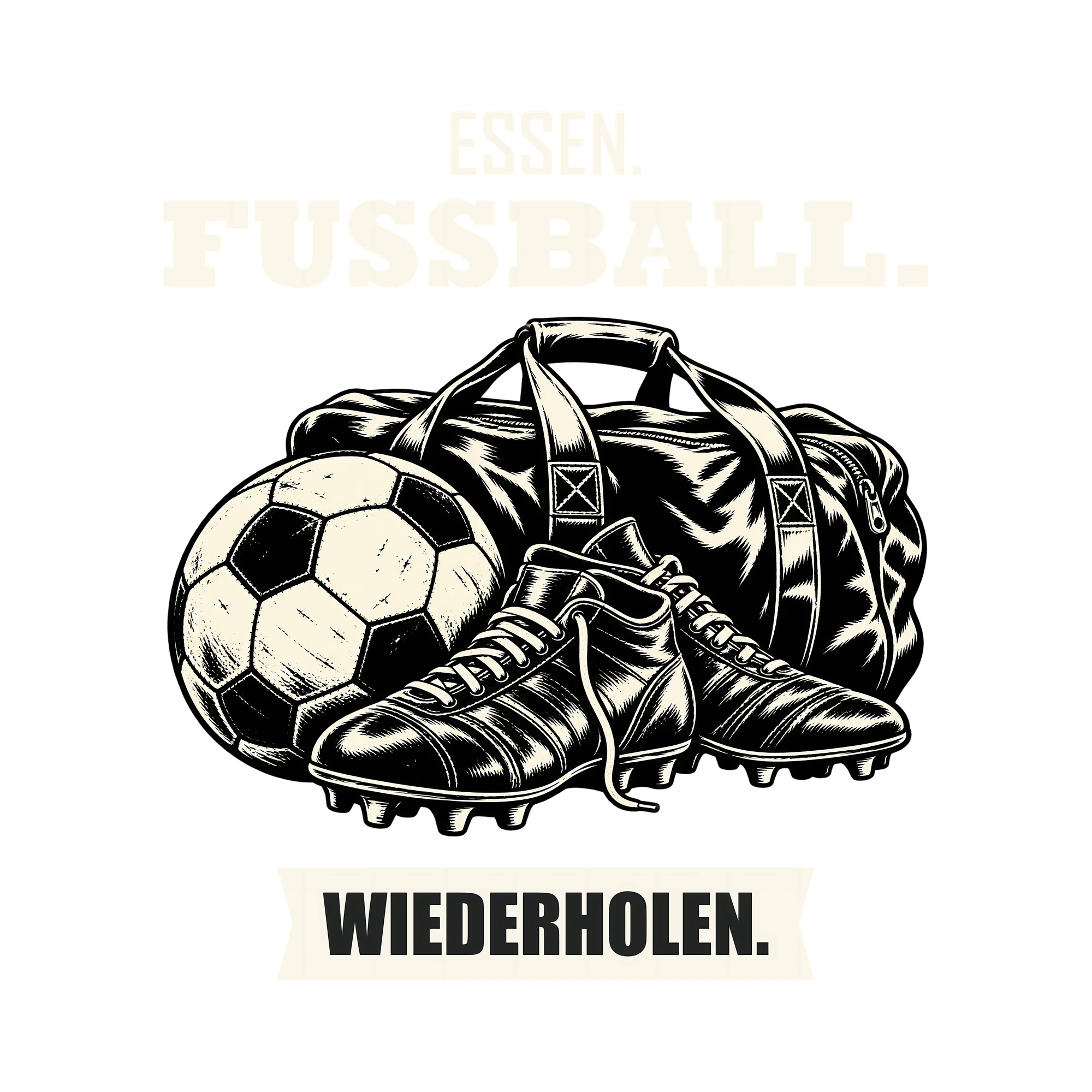 Bügelbild ESSEN. FUSSBALL. WIEDERHOLEN. als Grafik auf weißem Hintergrund (BB013716)