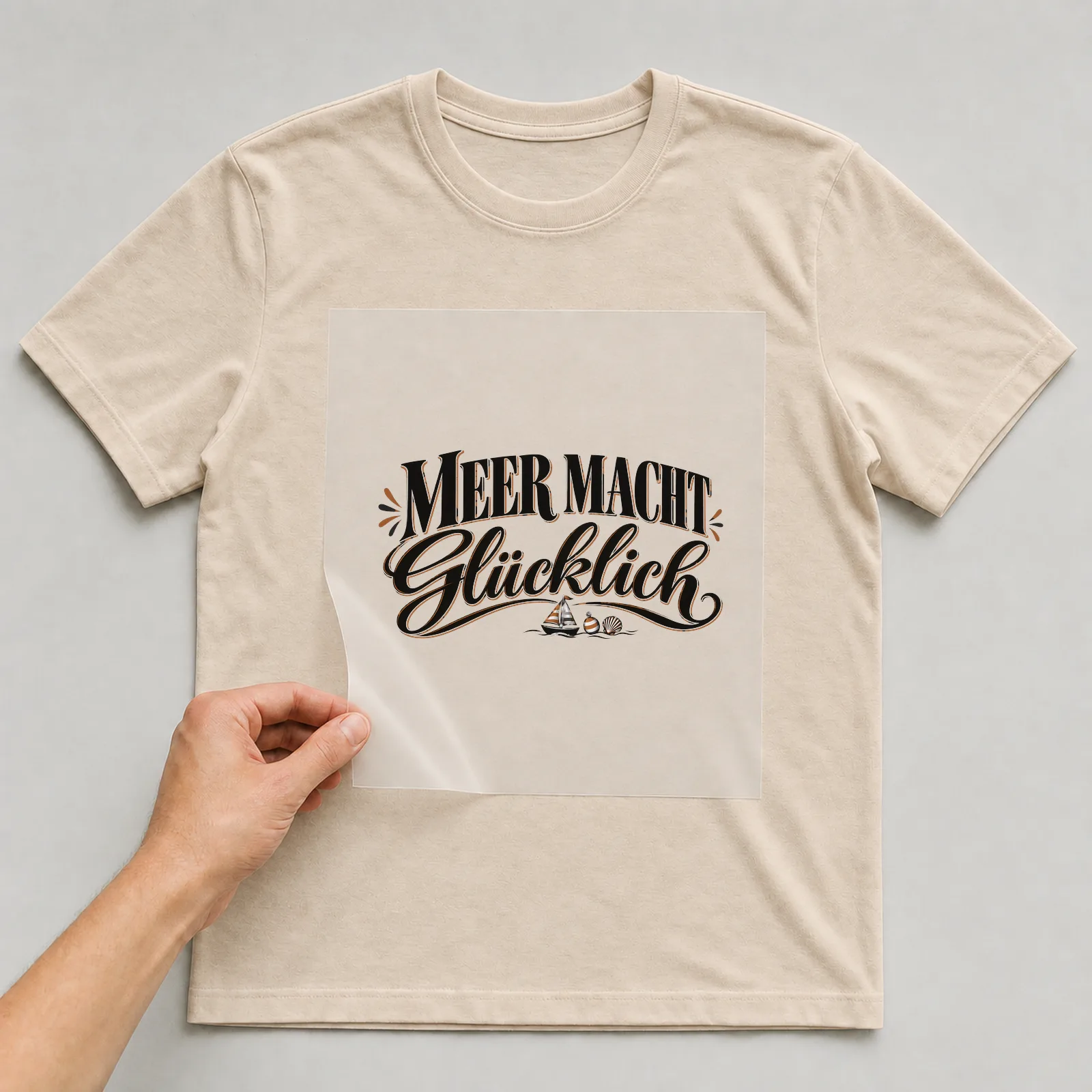 Bügelbild „Meer macht glücklich“ (klassischem Schriftmix) auf beigem T-Shirt, Folie wird aufgelegt