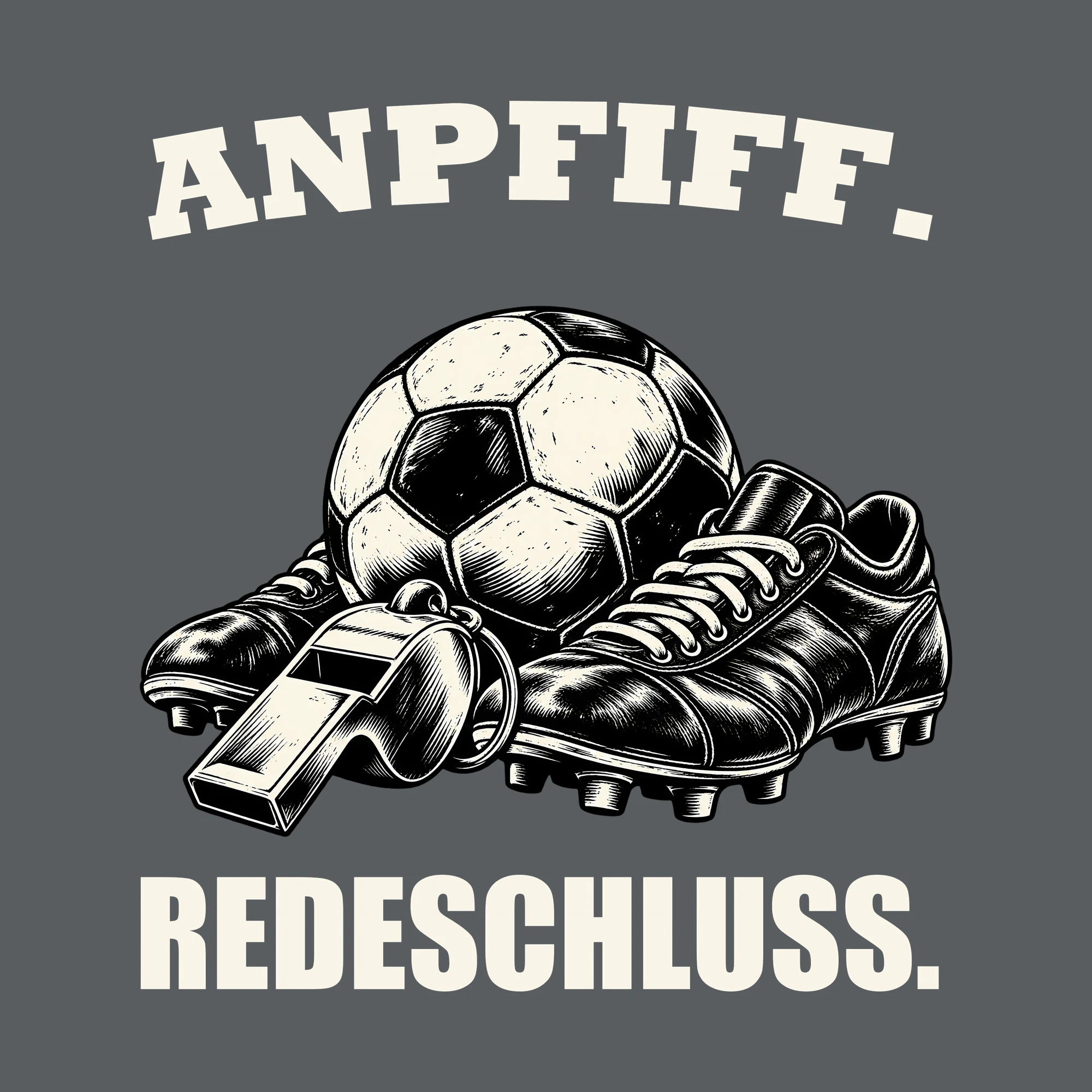 Bügelbild ANPFIFF. REDESCHLUSS. als Grafik auf dunklem Hintergrund (BB013700)