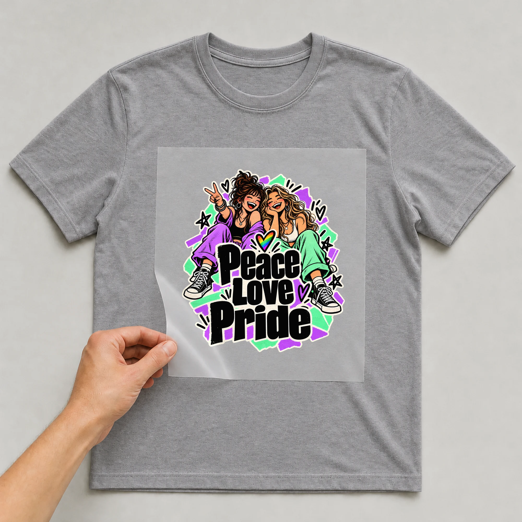 Bügelbild „Peace Love Pride“ auf grauem T-Shirt, Folie wird aufgelegt