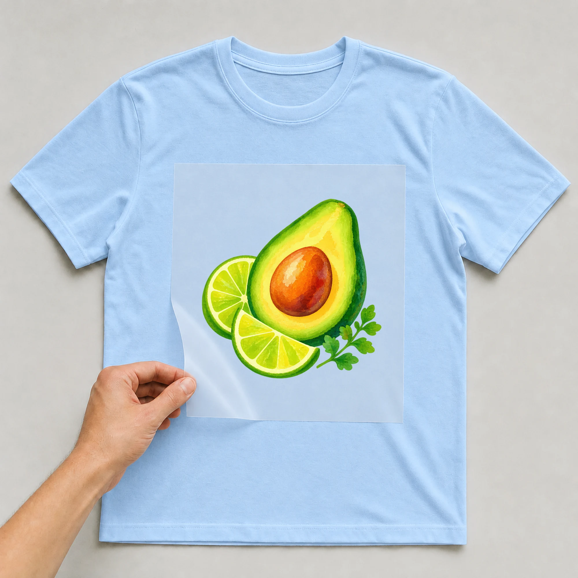 Bügelbild „Avocado mit Limette“ auf babyblauem T-Shirt, Folie wird aufgelegt