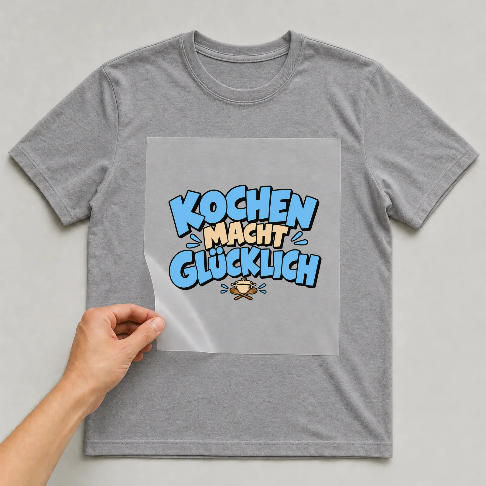 Bügelbild „Kochen macht glücklich“ auf grauem T-Shirt, Folie wird aufgelegt
