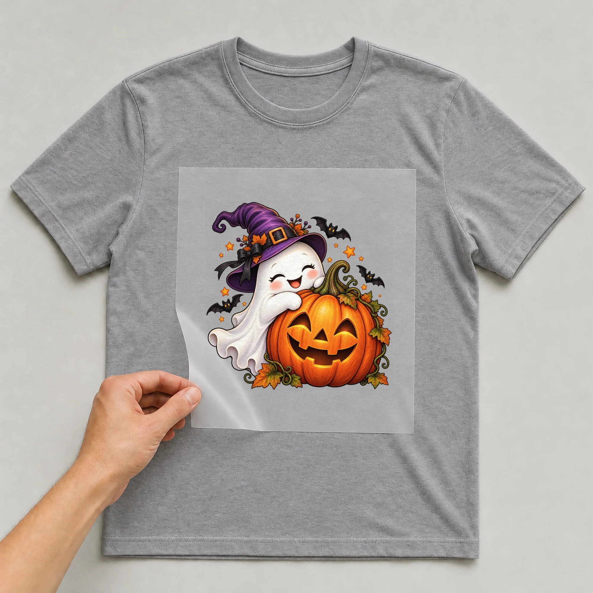 Bügelbild „Geist mit Hexenhut und Kürbis im Zeichenstil“ auf grauem T-Shirt, Folie wird aufgelegt