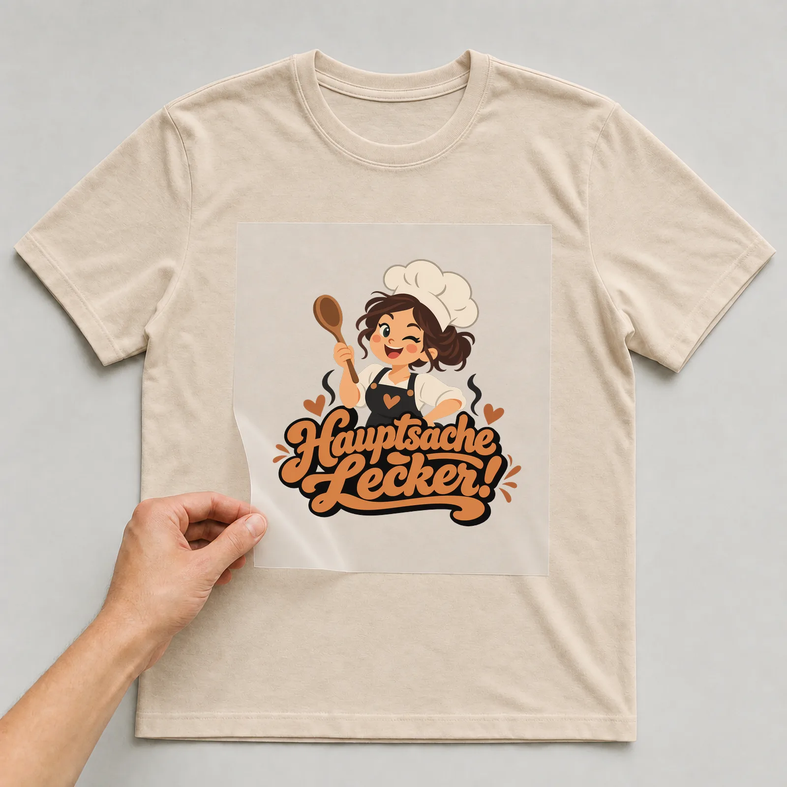 Bügelbild „Hauptsache lecker!“ auf beigem T-Shirt, Folie wird aufgelegt