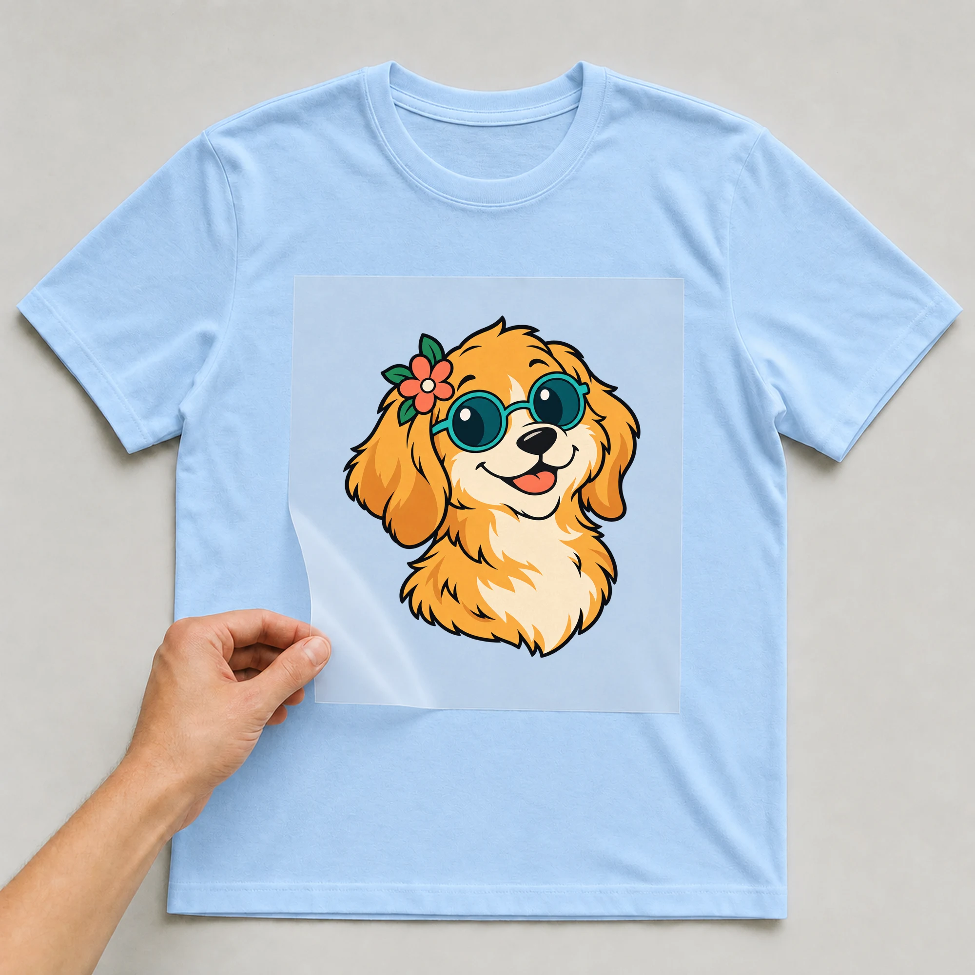 Bügelbild „Golden Retriever Hippie Look“ auf babyblauem T-Shirt, Folie wird aufgelegt