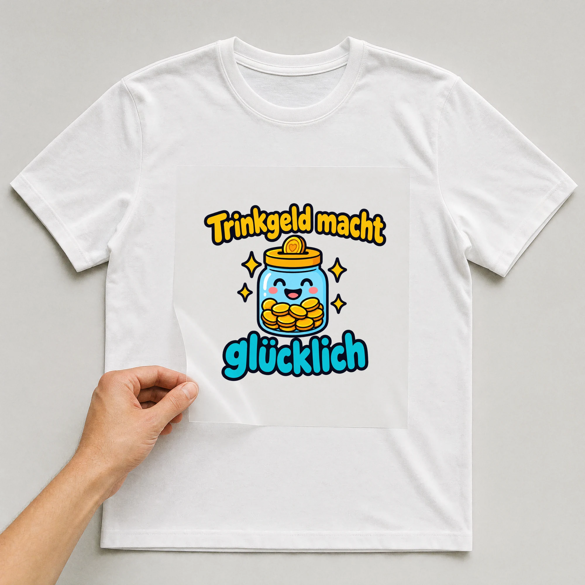 Bügelbild „Trinkgeld macht glücklich“ auf weißem T-Shirt, Folie wird aufgelegt