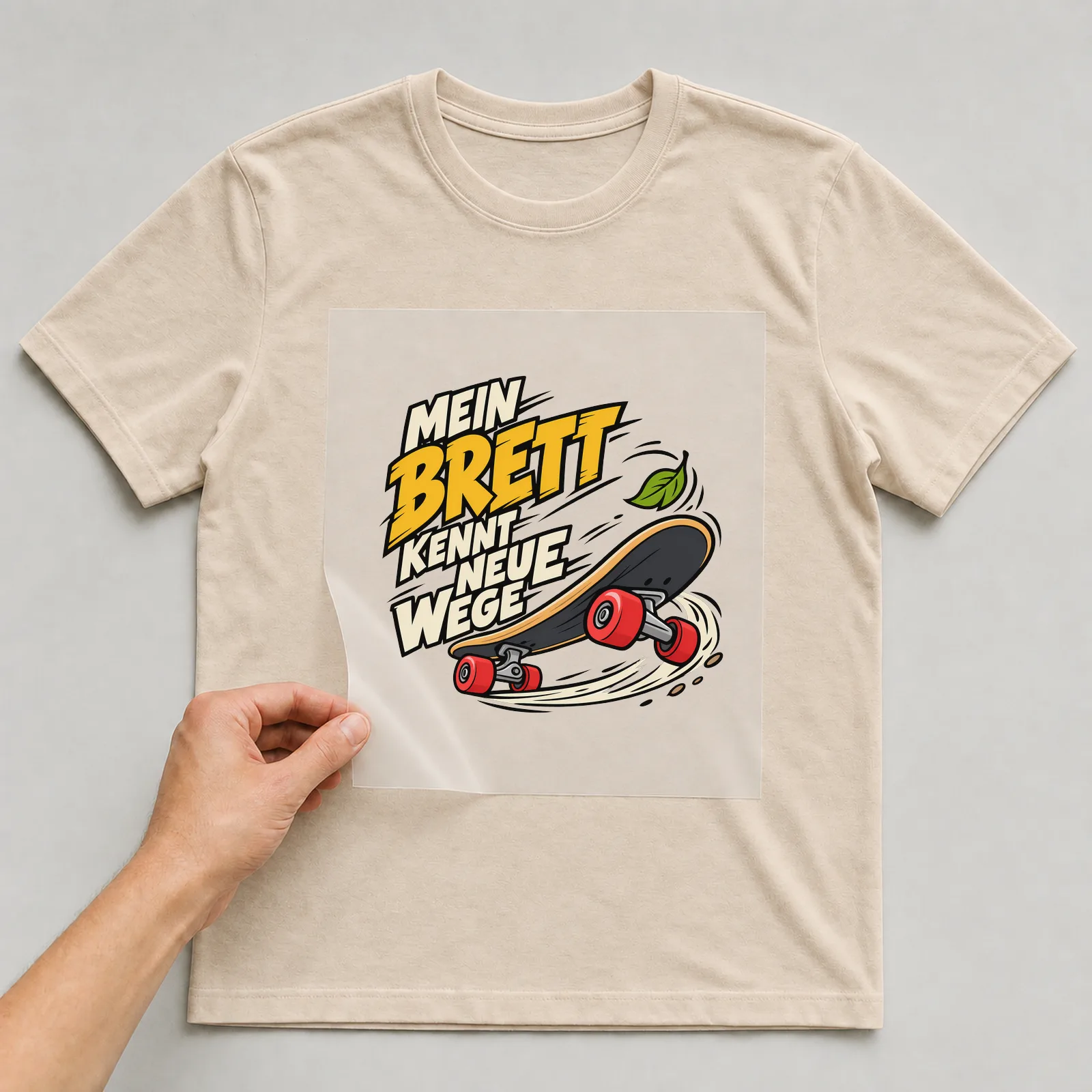 Bügelbild „Mein Brett kennt neue Wege“ auf beigem T-Shirt, Folie wird aufgelegt