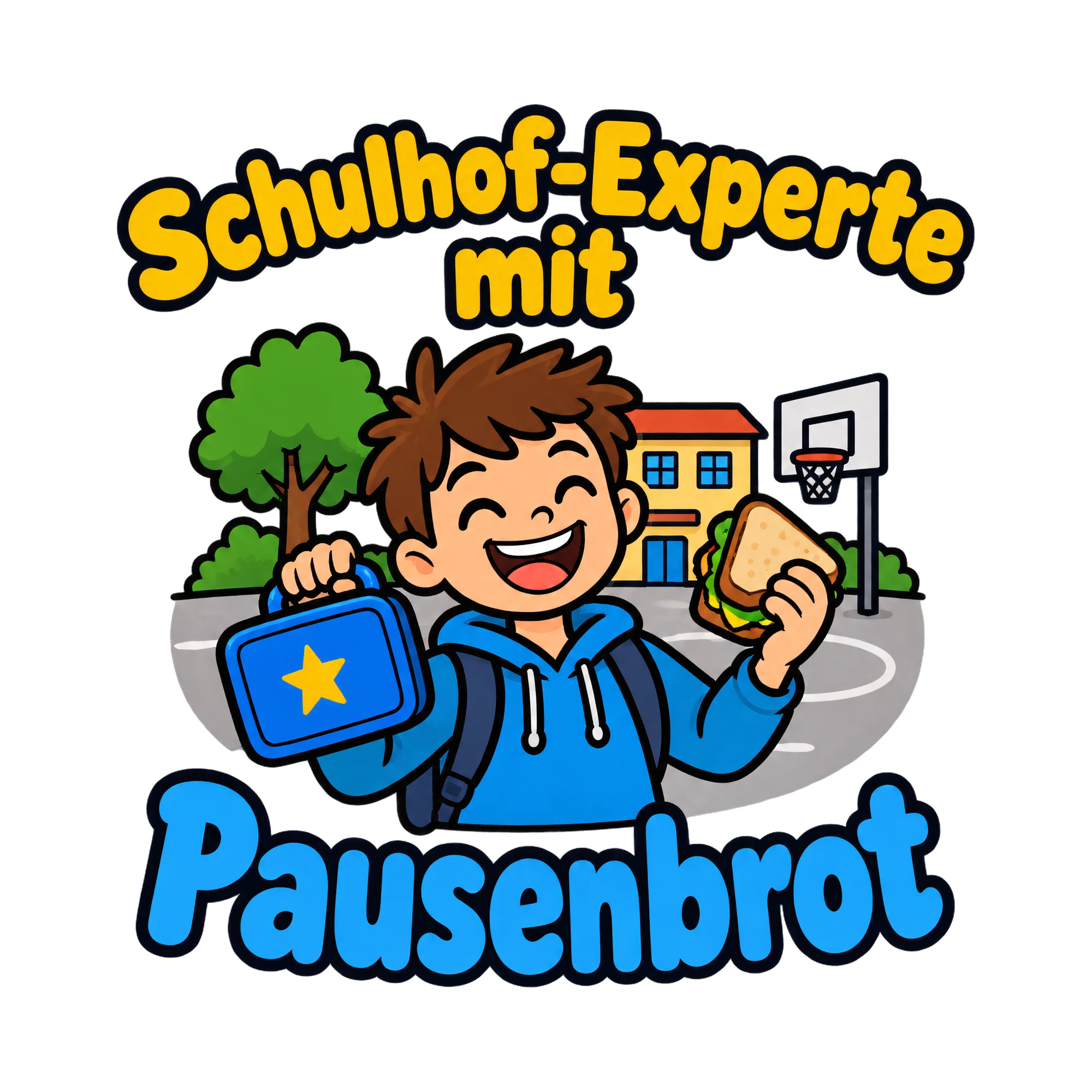 Bügelbild Schulhof-Experte mit Pausenbrot, Küchen Spruch Bügelbild als Grafik auf weißem Hintergrund (BB020119)