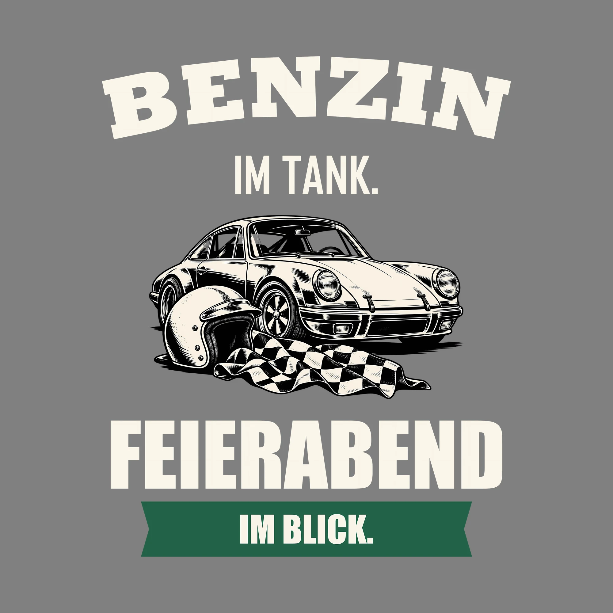Bügelbild BENZIN IM TANK. FEIERABEND IM BLICK. als Grafik auf dunklem Hintergrund (BB012687)