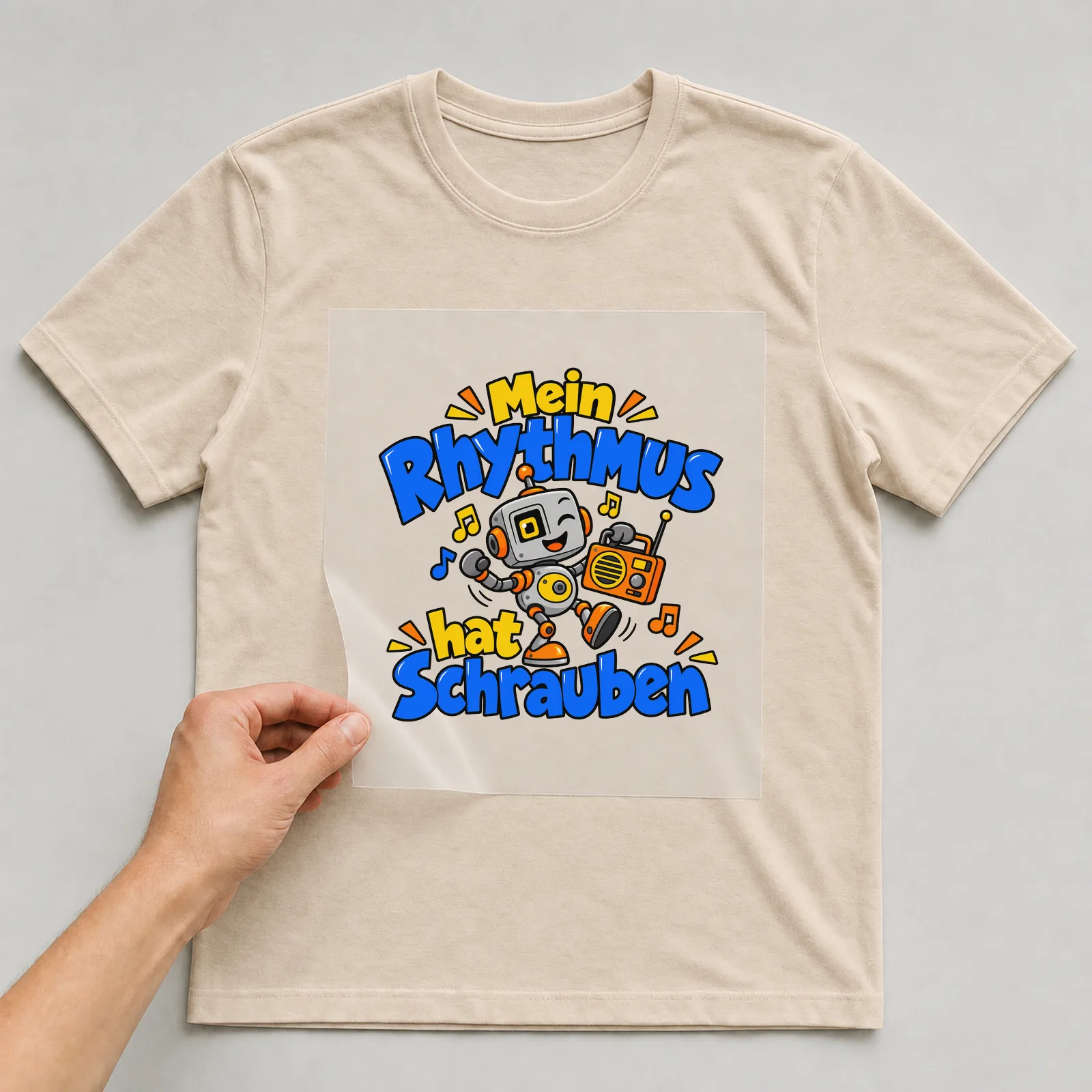Bügelbild „Mein Rhythmus hat Schrauben“ auf beigem T-Shirt, Folie wird aufgelegt