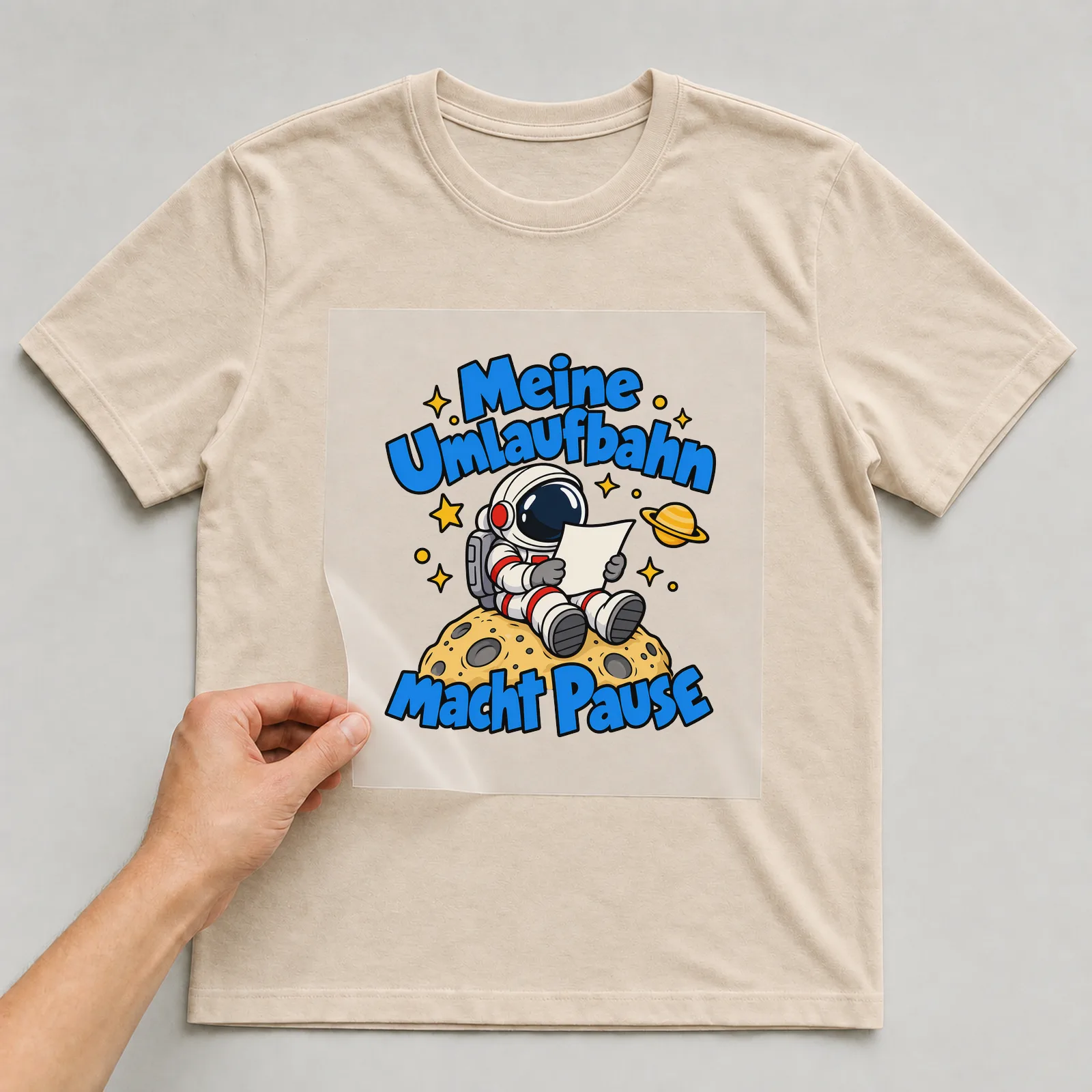 Bügelbild „Meine Umlaufbahn macht Pause“ auf beigem T-Shirt, Folie wird aufgelegt