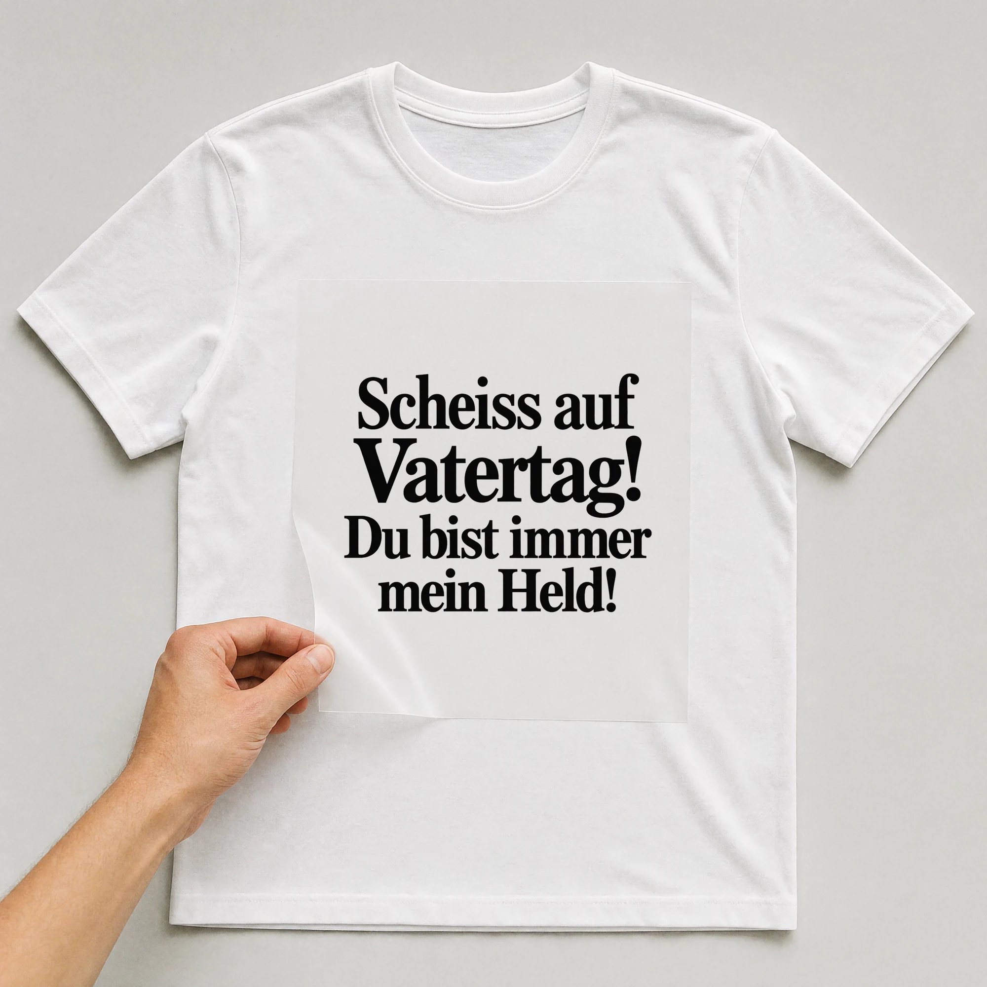 Bügelbild „Sch**ss auf Vatertag! Du bist immer mein Held!“ auf weißem T-Shirt, Folie wird aufgelegt