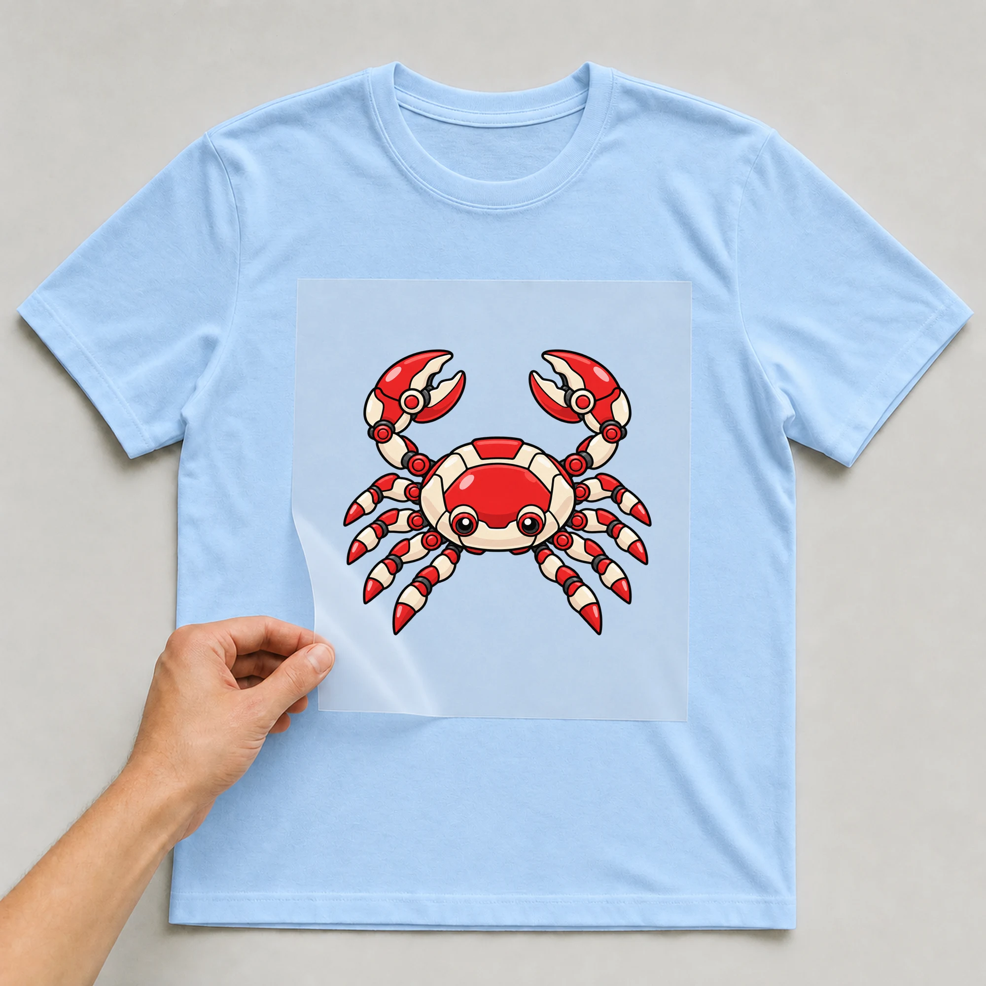 Bügelbild „Mecha Robotic Zodiac Sign Cancer“ auf babyblauem T-Shirt, Folie wird aufgelegt