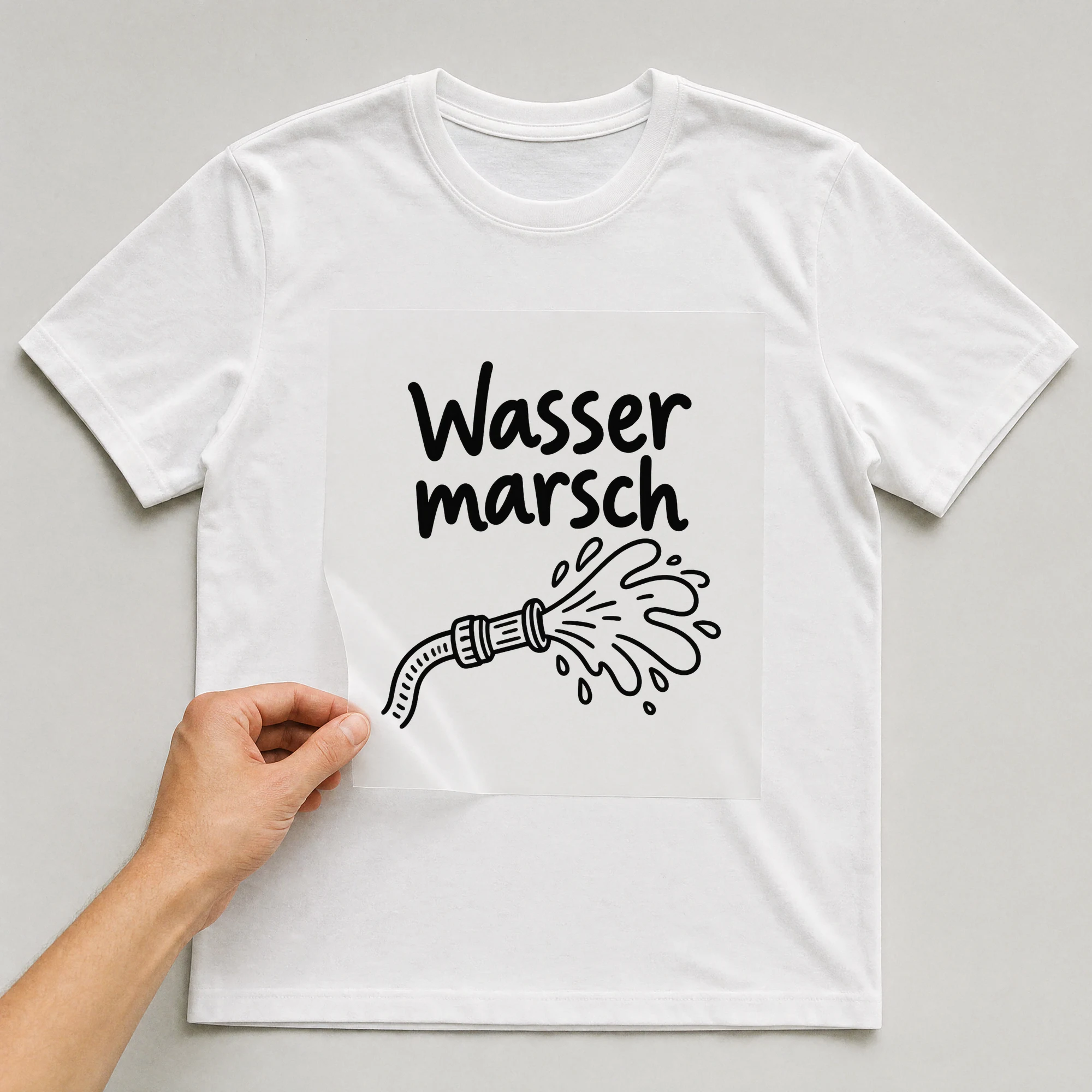 Bügelbild „Wasser marsch“ auf weißem T-Shirt, Folie wird aufgelegt
