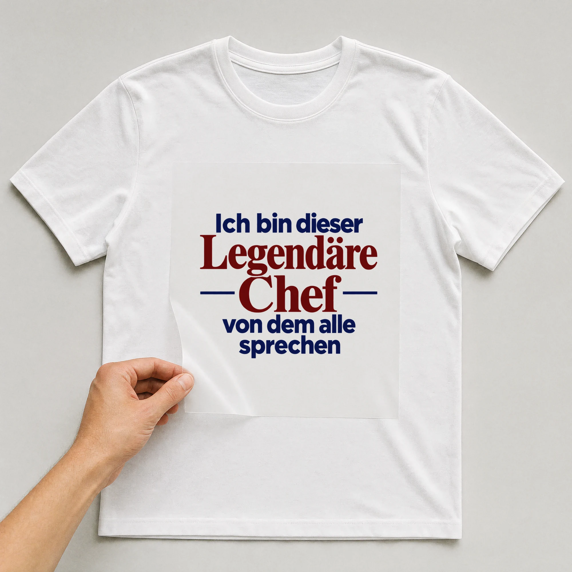 Bügelbild „Ich bin dieser Legendäre Chef von dem alle sprechen“ auf weißem T-Shirt, Folie wird aufgelegt