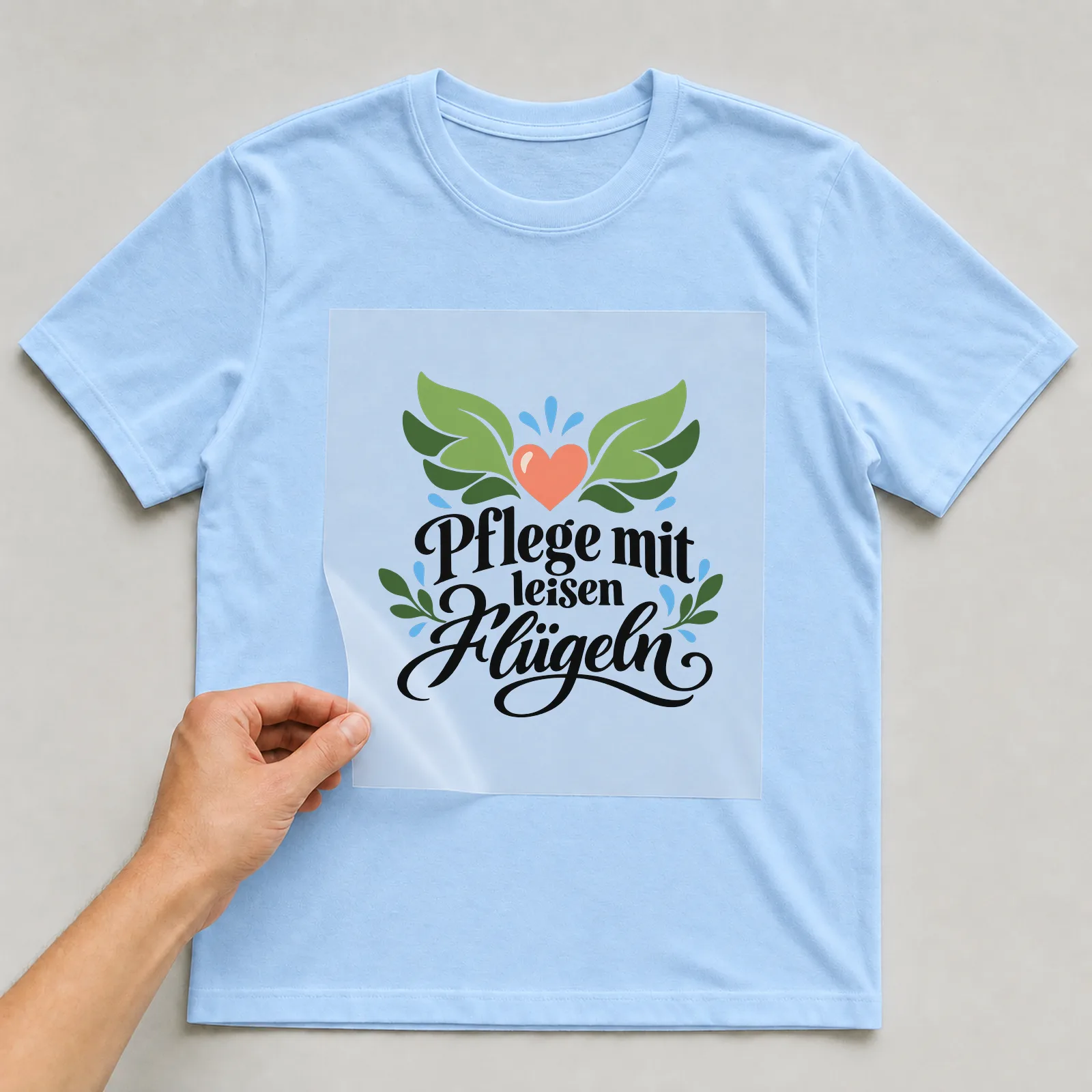 Bügelbild „Pflege mit leisen Flügeln“ auf hellblauem T-Shirt, Folie wird aufgelegt