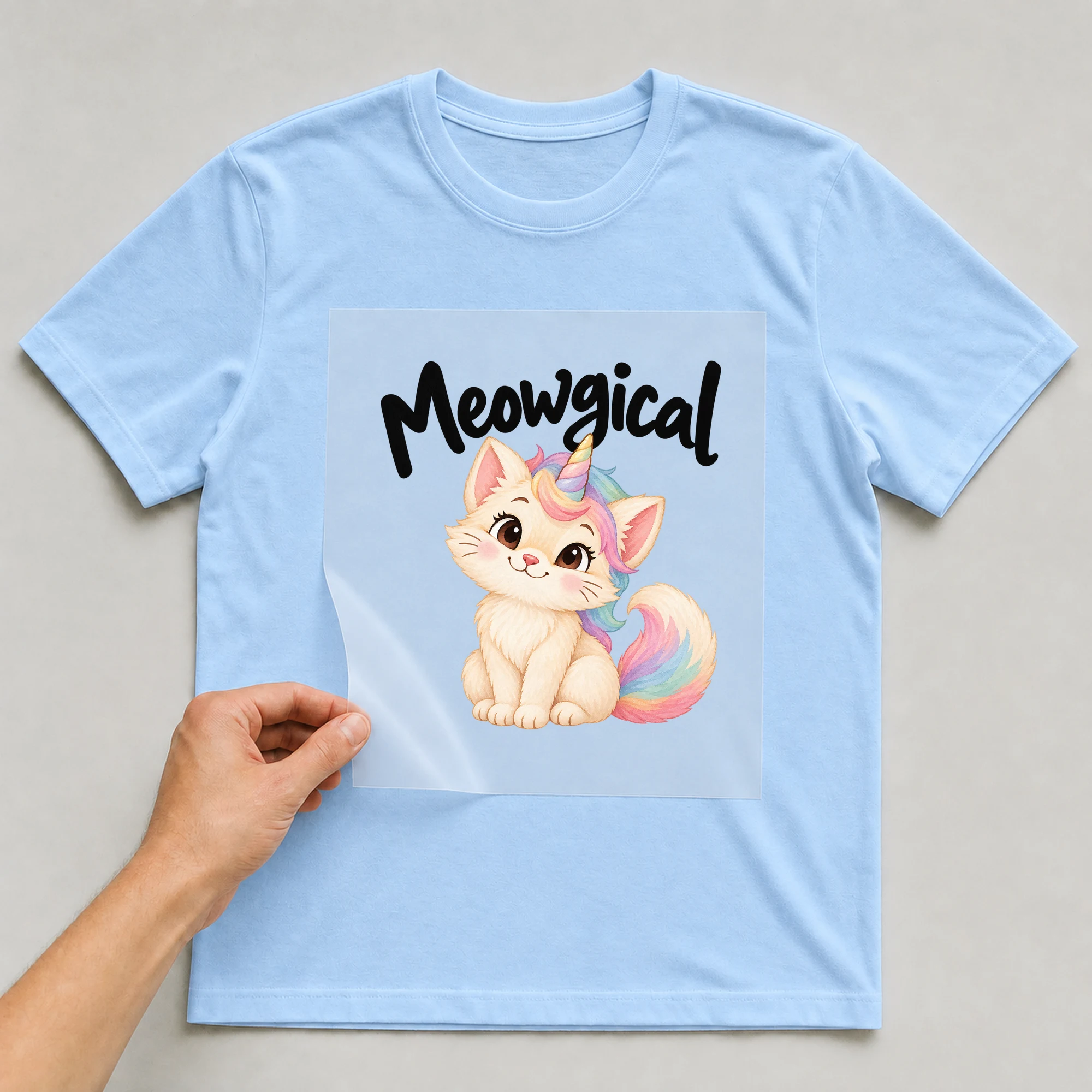 Bügelbild „Meowgical“ auf babyblauem T-Shirt, Folie wird aufgelegt