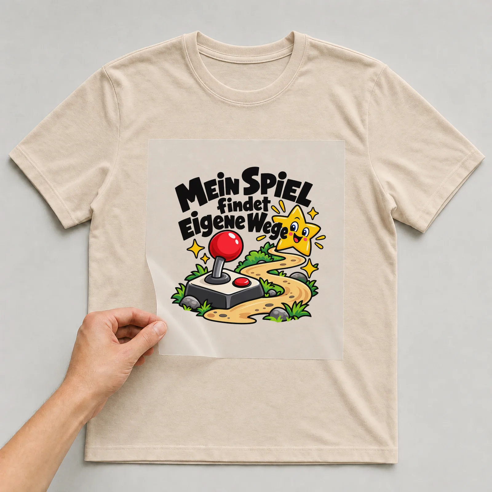Bügelbild „Mein Spiel findet eigene Wege“ auf beigem T-Shirt, Folie wird aufgelegt